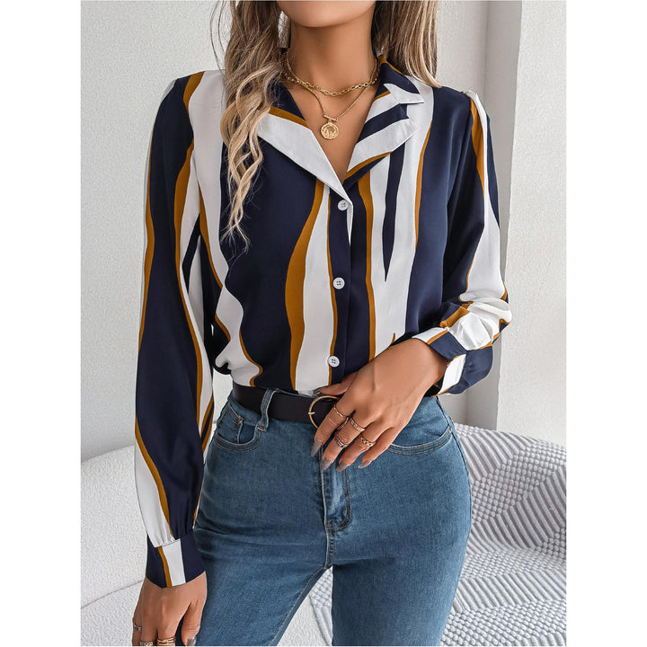 Women Cuban Collar Vertical Striped Casual Shirt