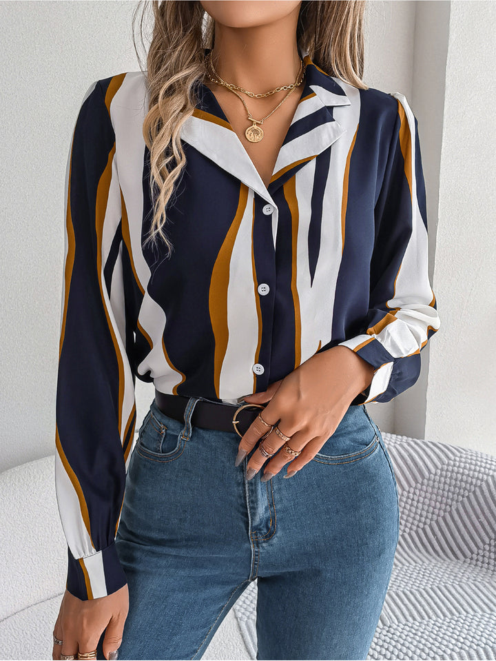 Women Cuban Collar Vertical Striped Casual Shirt