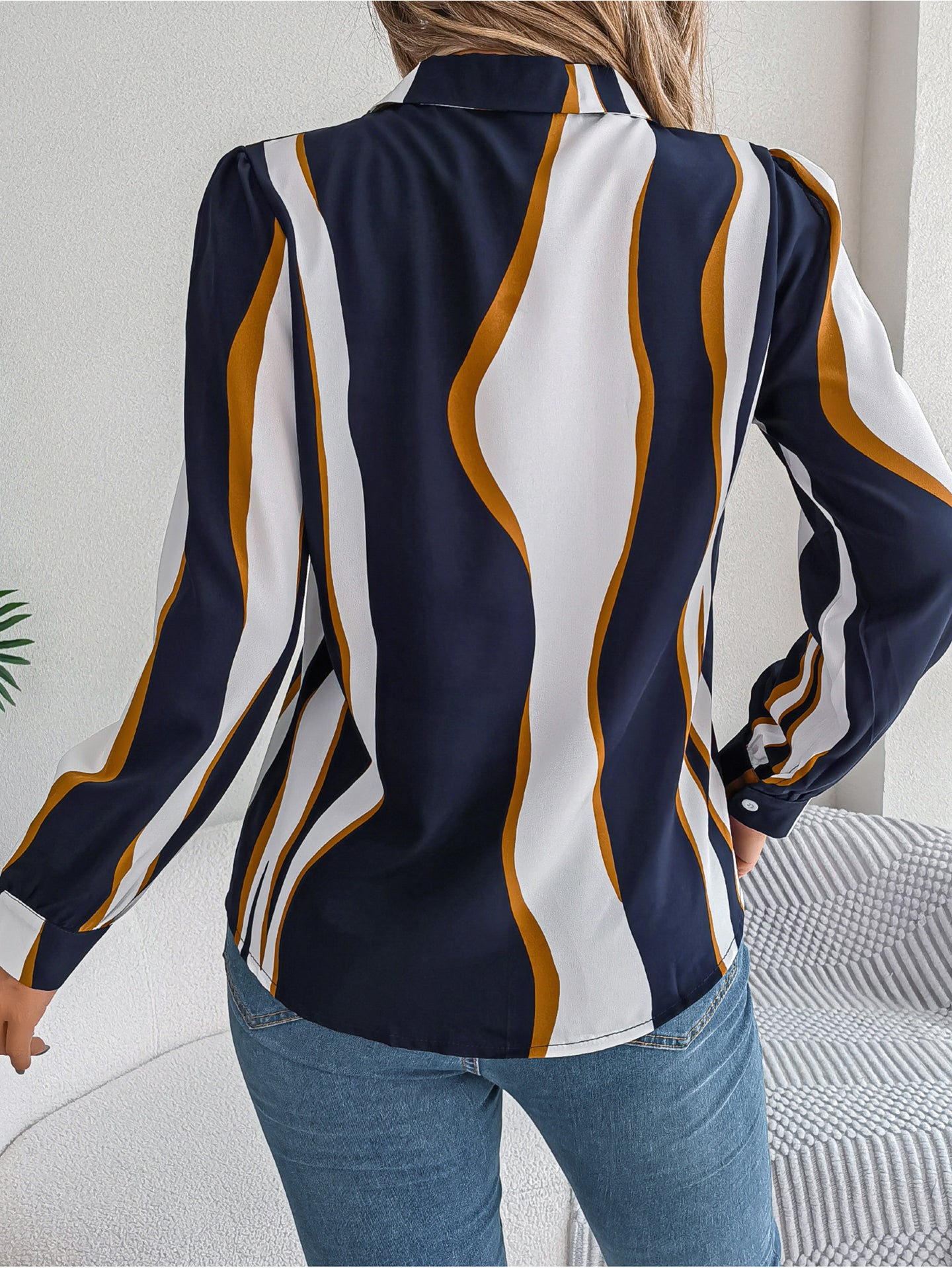 Women Cuban Collar Vertical Striped Casual Shirt