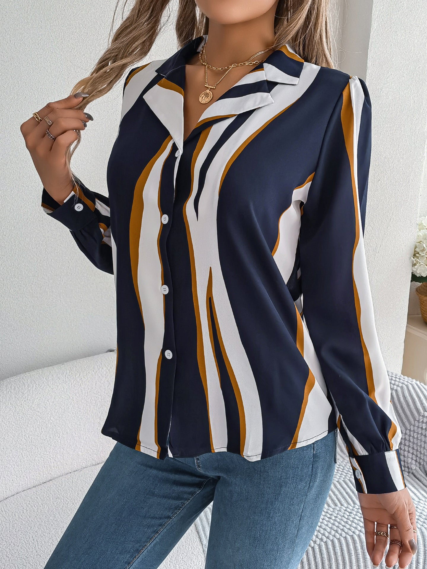 Women Cuban Collar Vertical Striped Casual Shirt