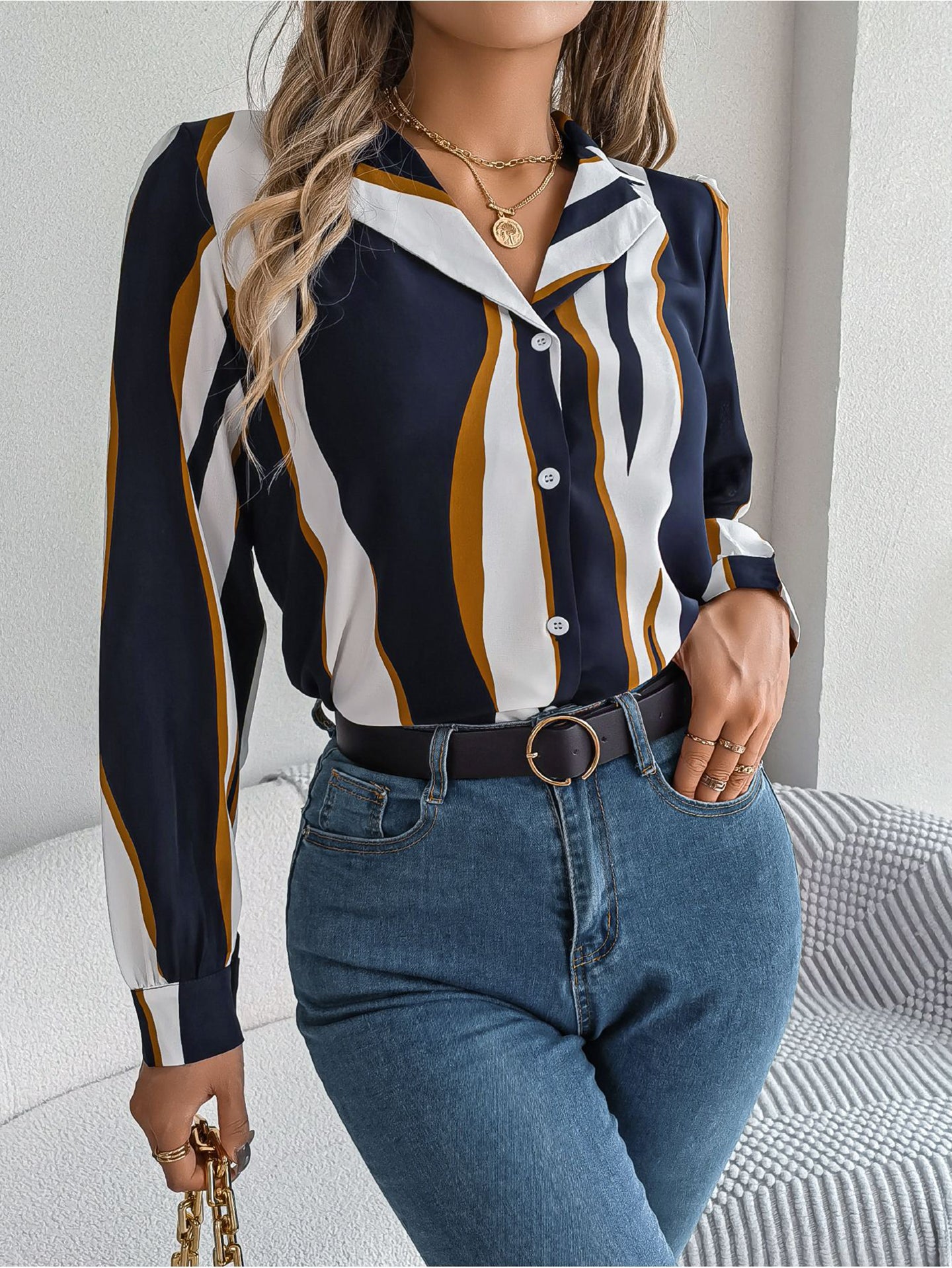 Women Cuban Collar Vertical Striped Casual Shirt