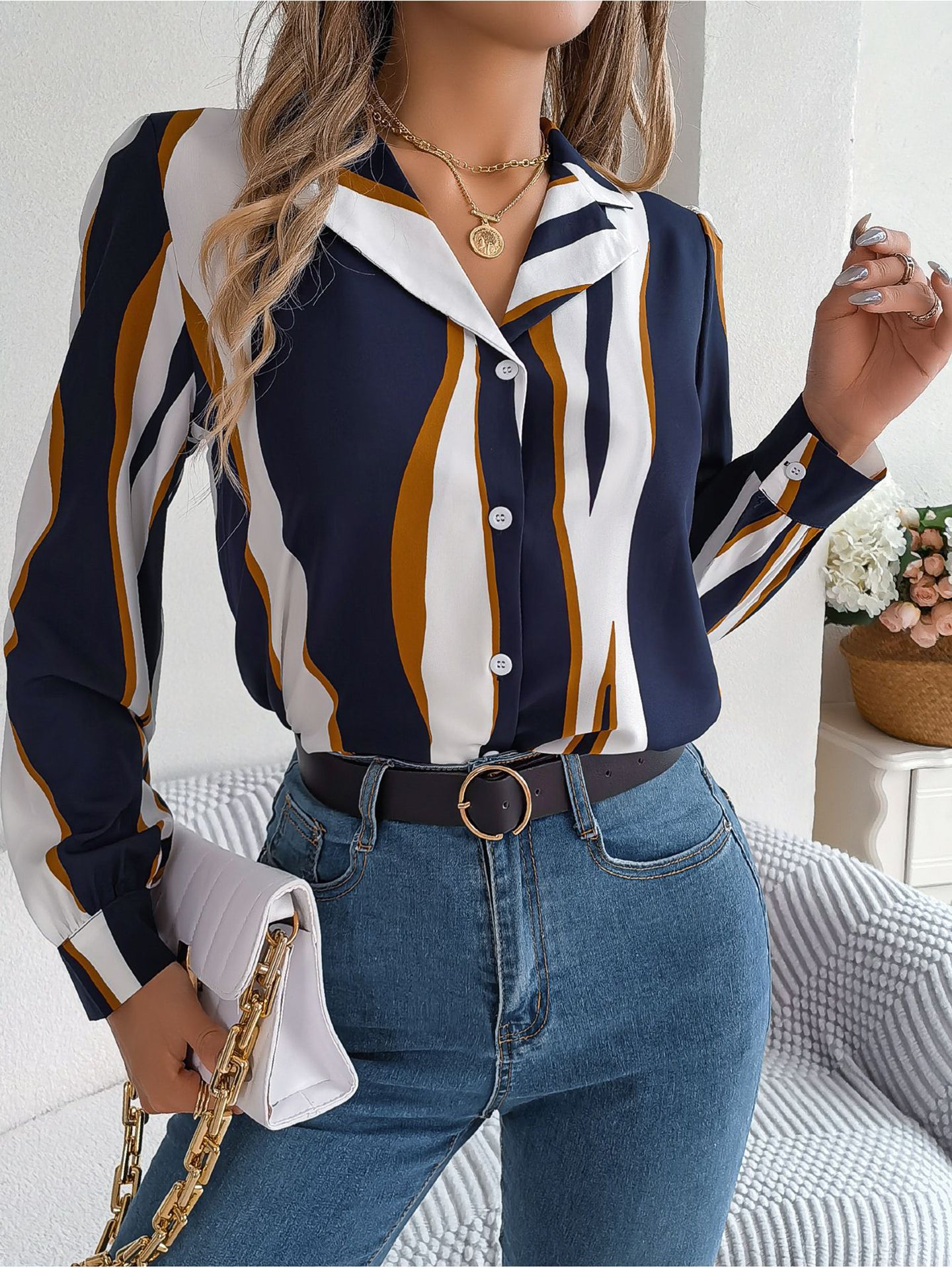 Women Cuban Collar Vertical Striped Casual Shirt