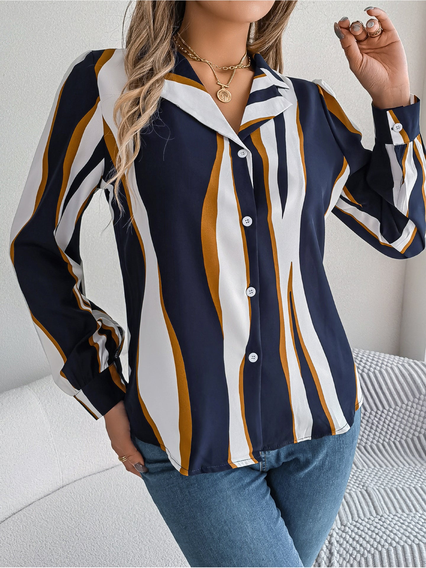 Women Cuban Collar Vertical Striped Casual Shirt