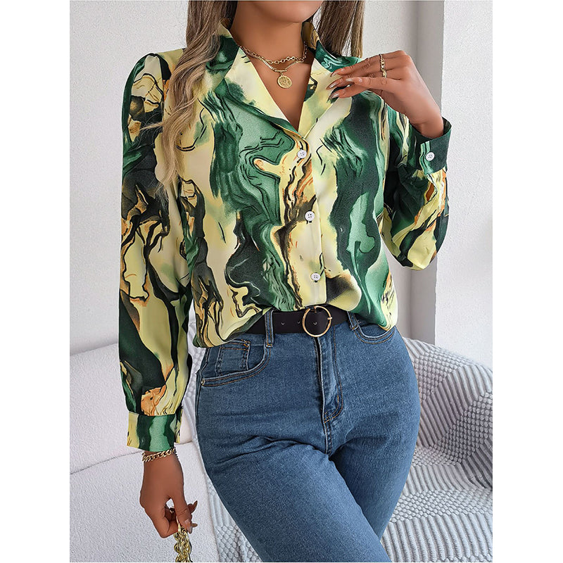 Green Abstract Printed Cuban Collar Casual Shirt