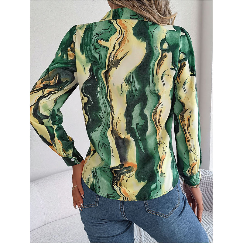 Green Abstract Printed Cuban Collar Casual Shirt