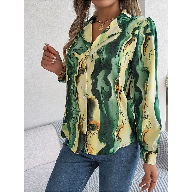 Green Abstract Printed Cuban Collar Casual Shirt