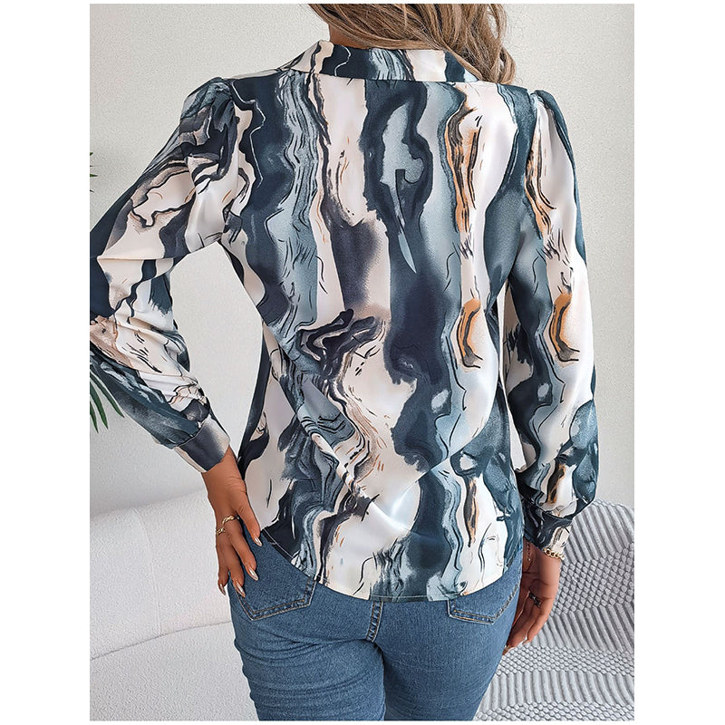 Blue Abstract Printed Cuban Collar Casual Shirt