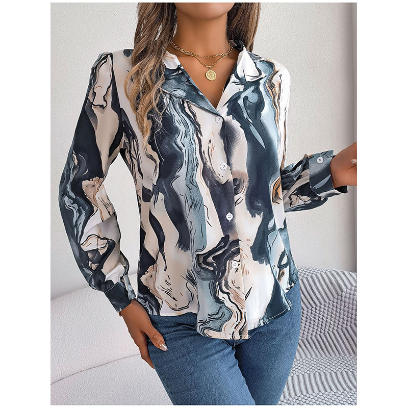 Blue Abstract Printed Cuban Collar Casual Shirt
