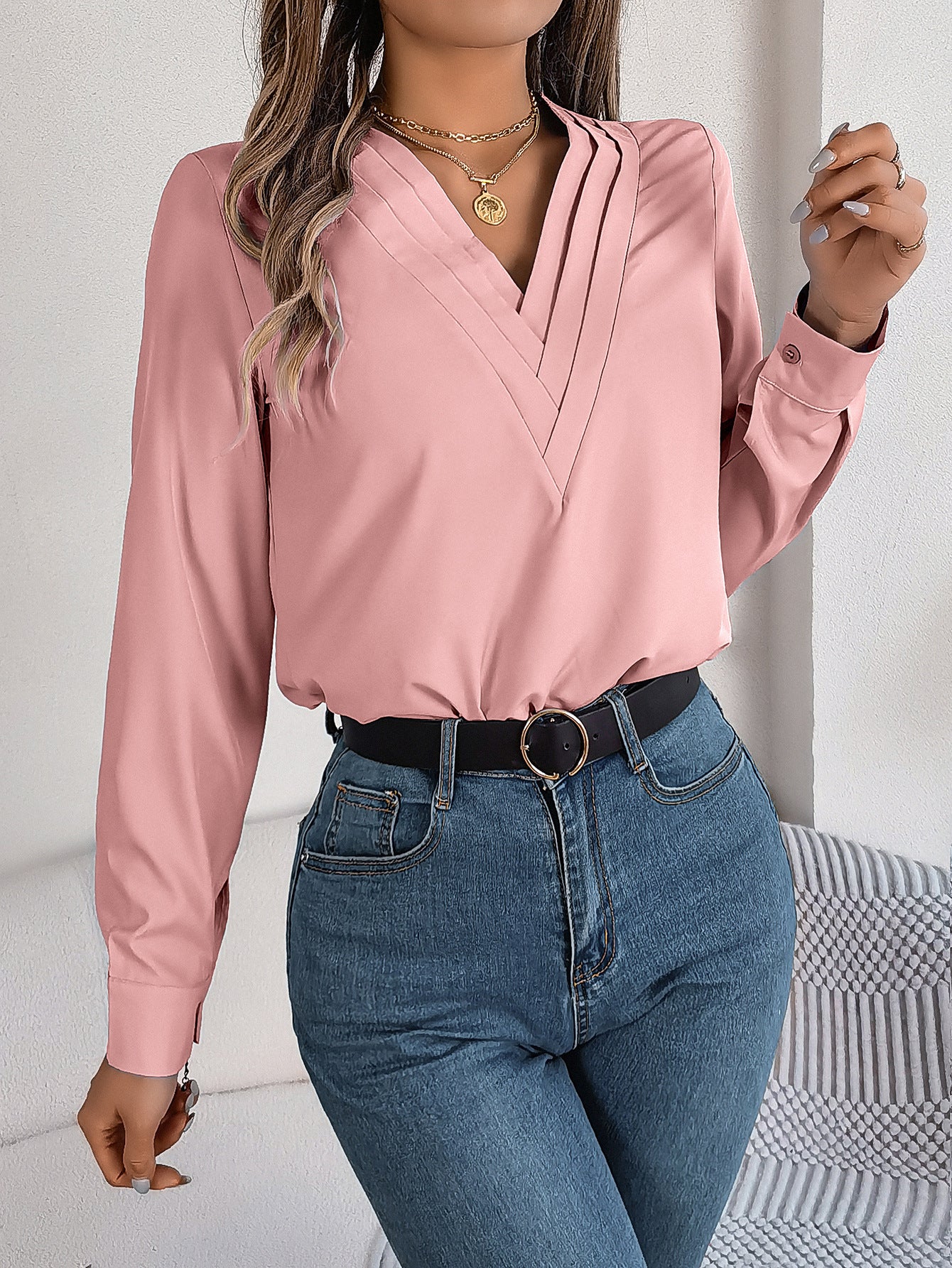 Women Solid V-Neck Top