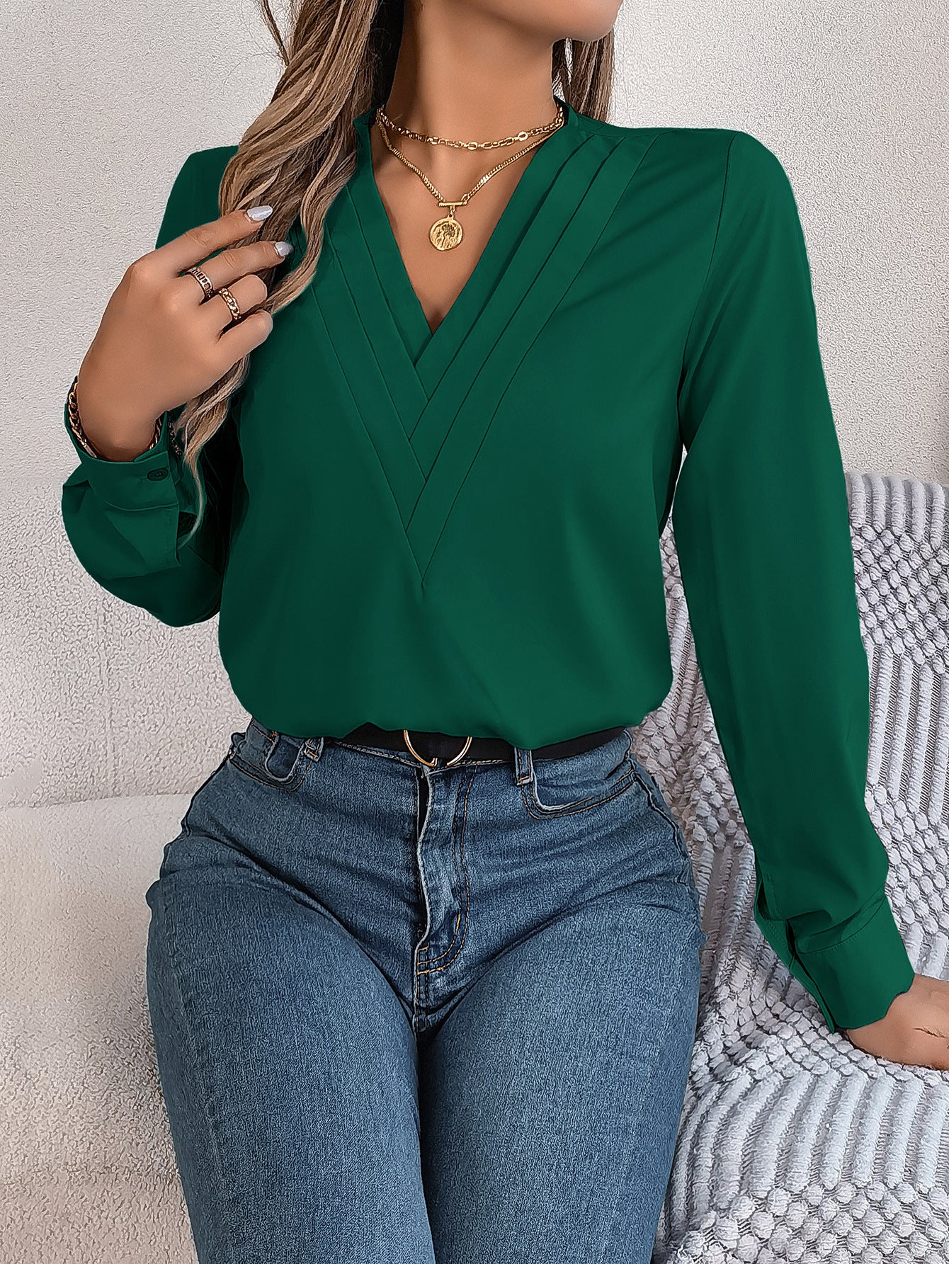 Women Solid V-Neck Top