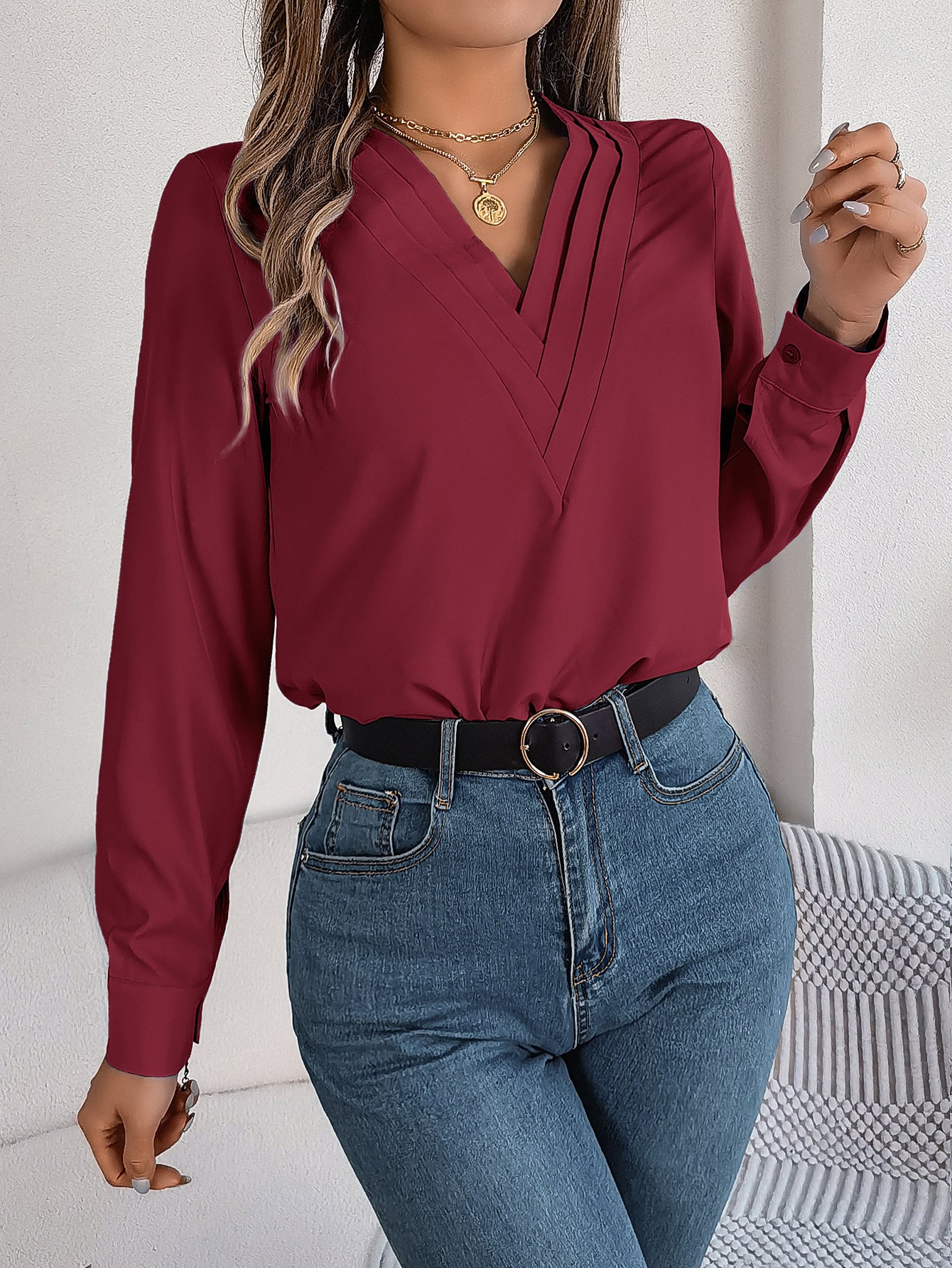 Women Solid V-Neck Top