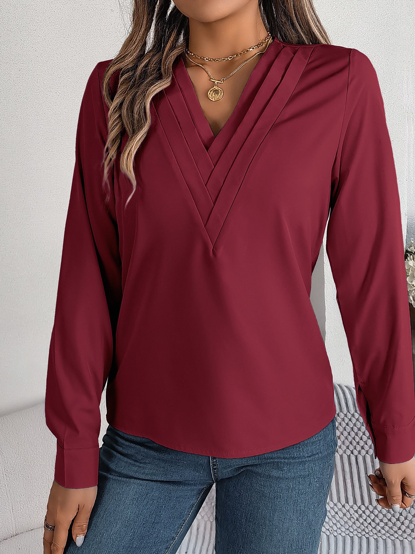 Women Solid V-Neck Top