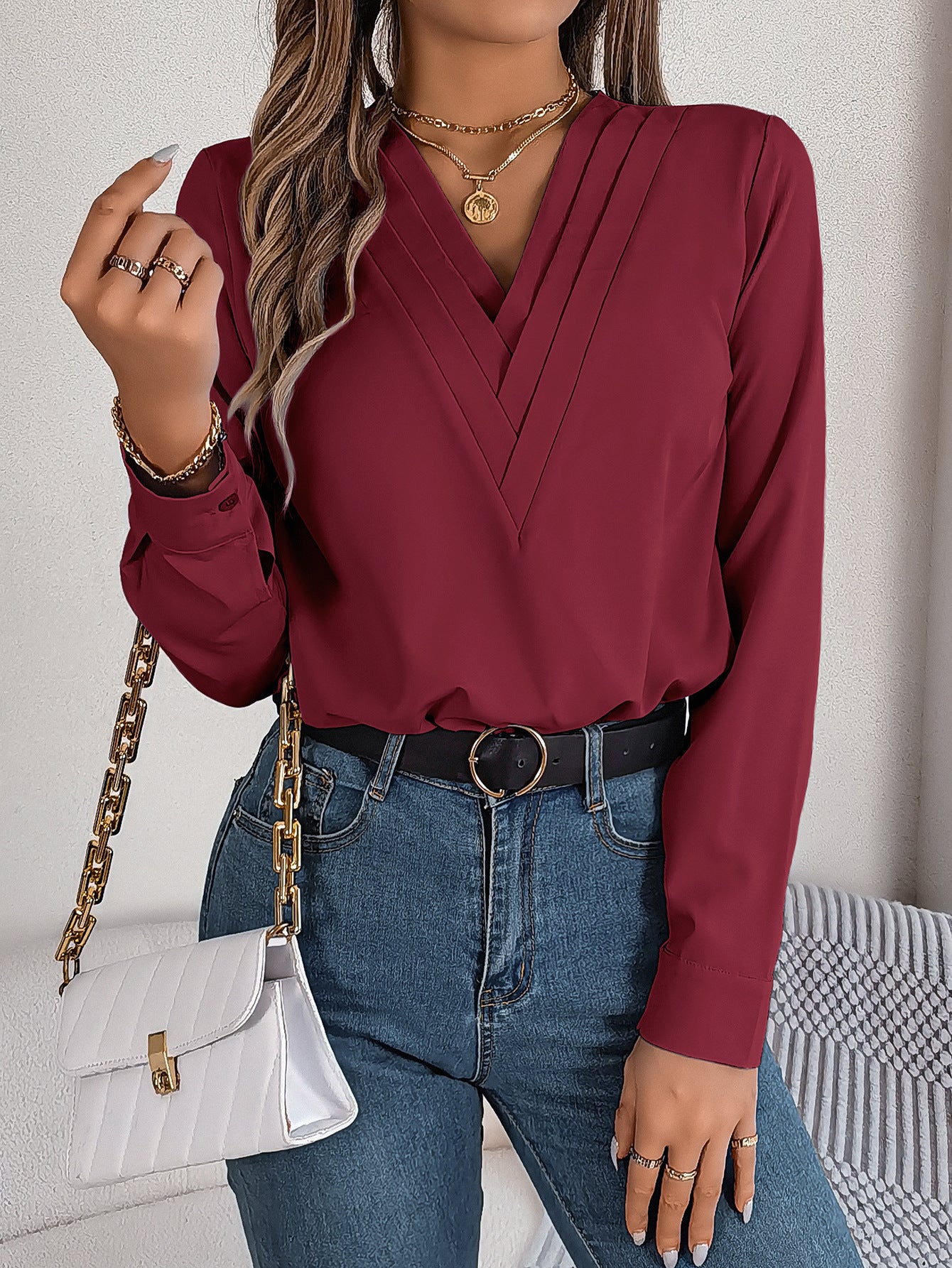 Women Solid V-Neck Top