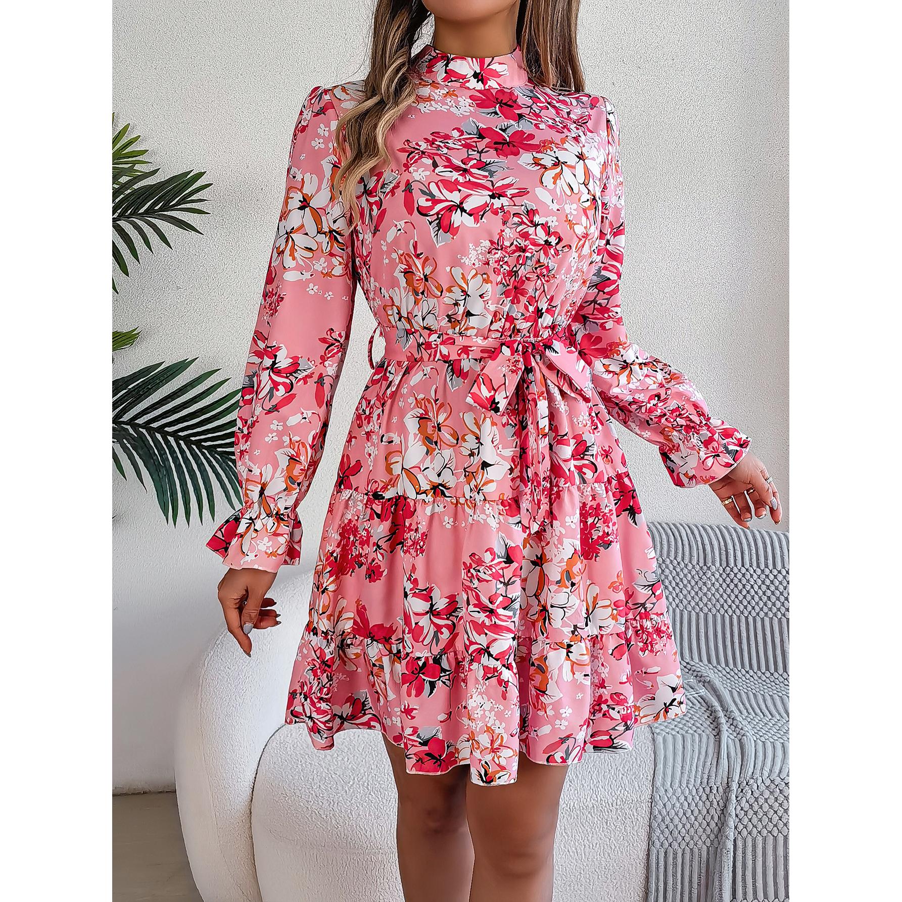 Women Floral Printed Mock Neck Puff Sleeve Fit & Flare Dress
