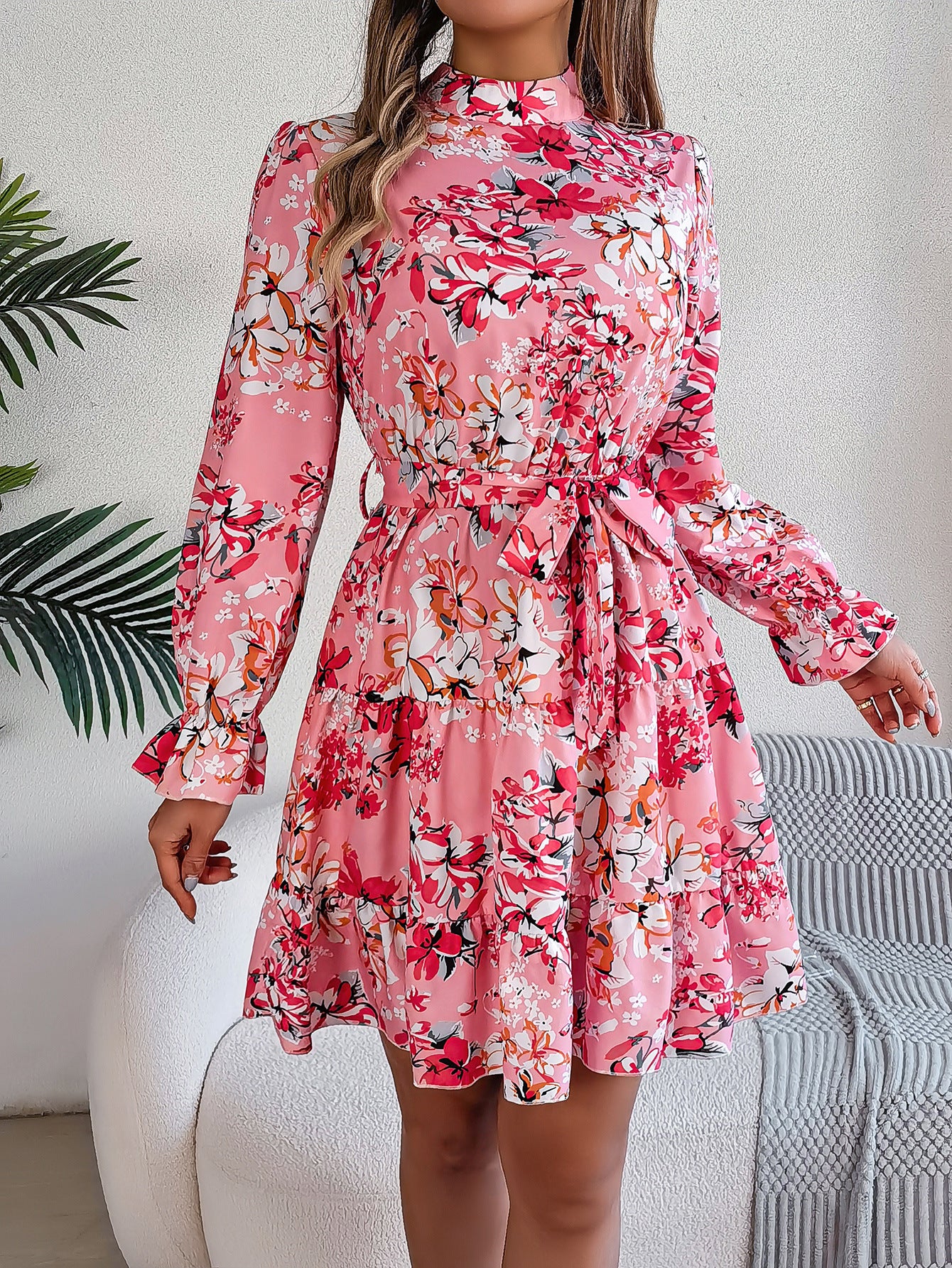 Women Floral Printed Mock Neck Puff Sleeve Fit & Flare Dress
