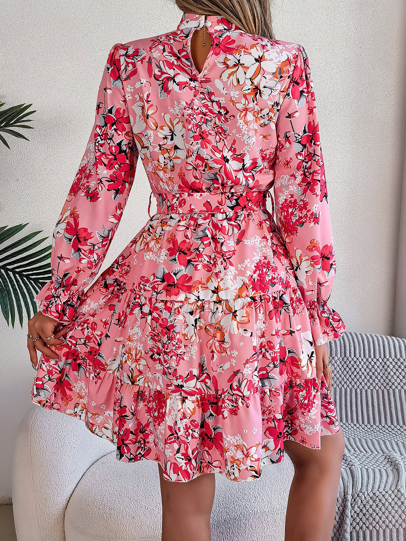 Women Floral Printed Mock Neck Puff Sleeve Fit & Flare Dress