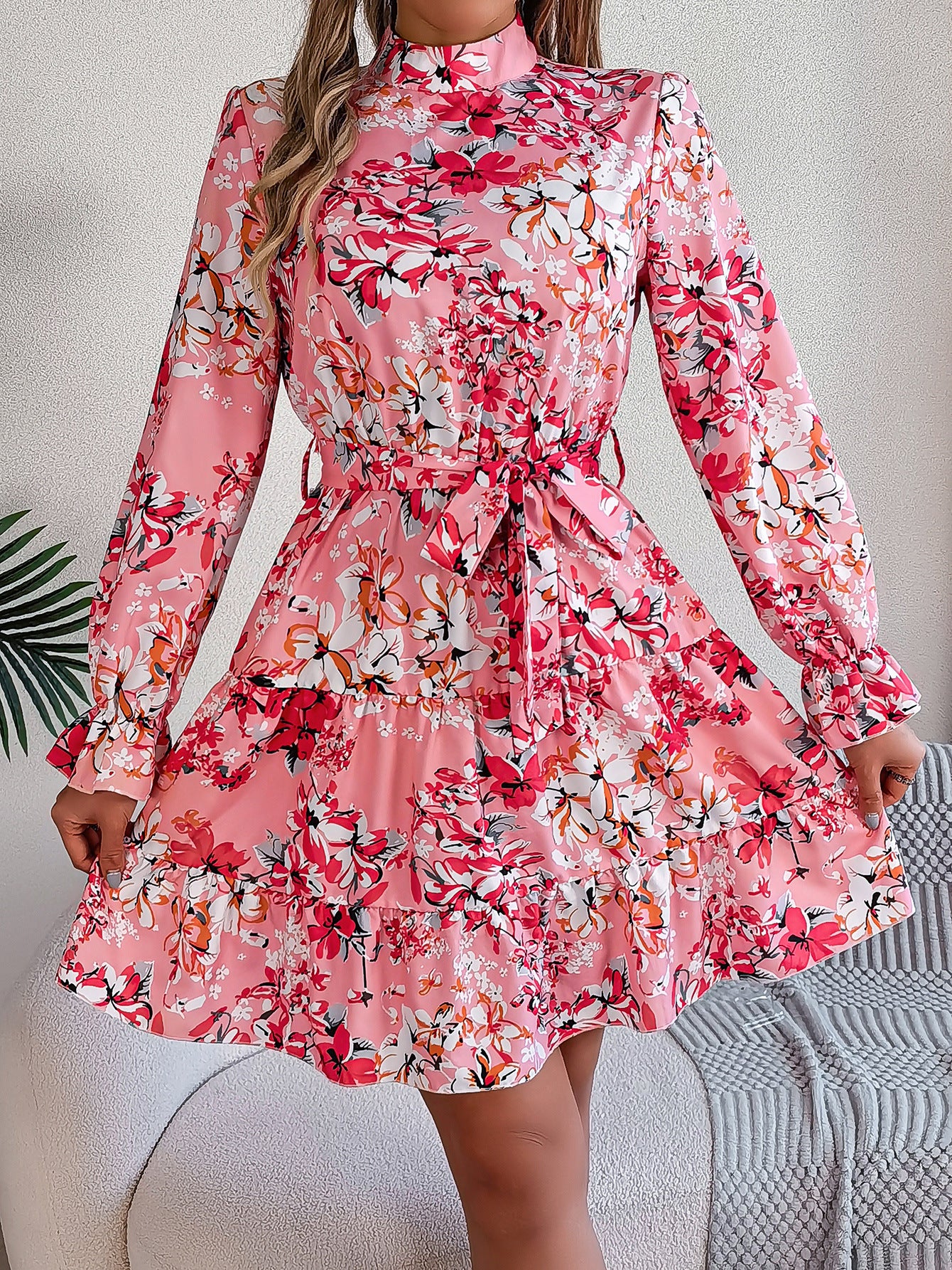 Women Floral Printed Mock Neck Puff Sleeve Fit & Flare Dress