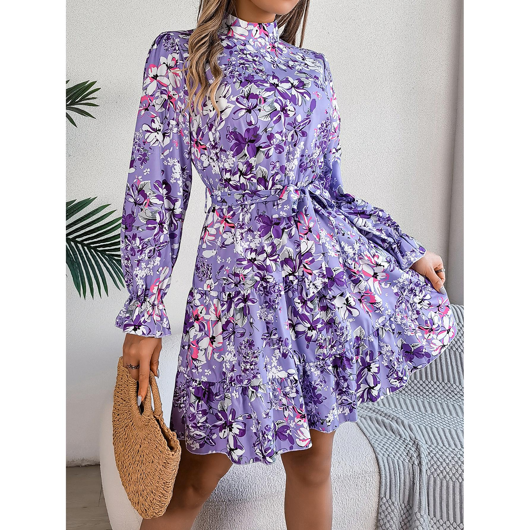 Floral Printed Mock Neck Puff Sleeve Georgette Fit & Flare Dress