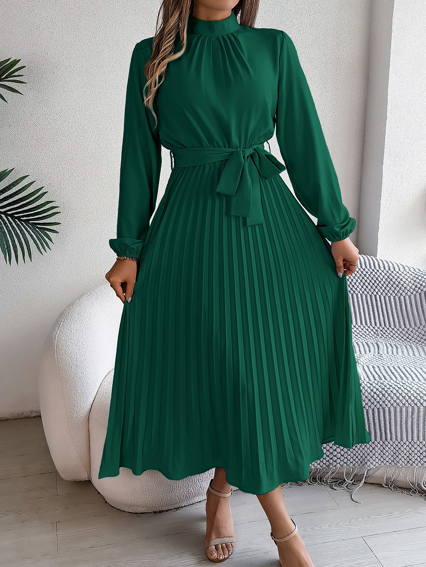 Solid A-Line Pleated Midi Dress