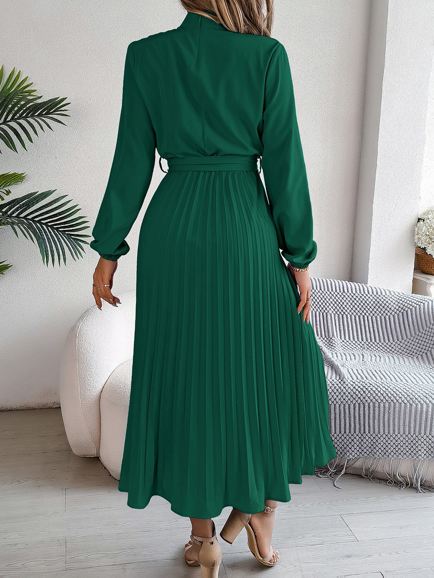 Solid A-Line Pleated Midi Dress