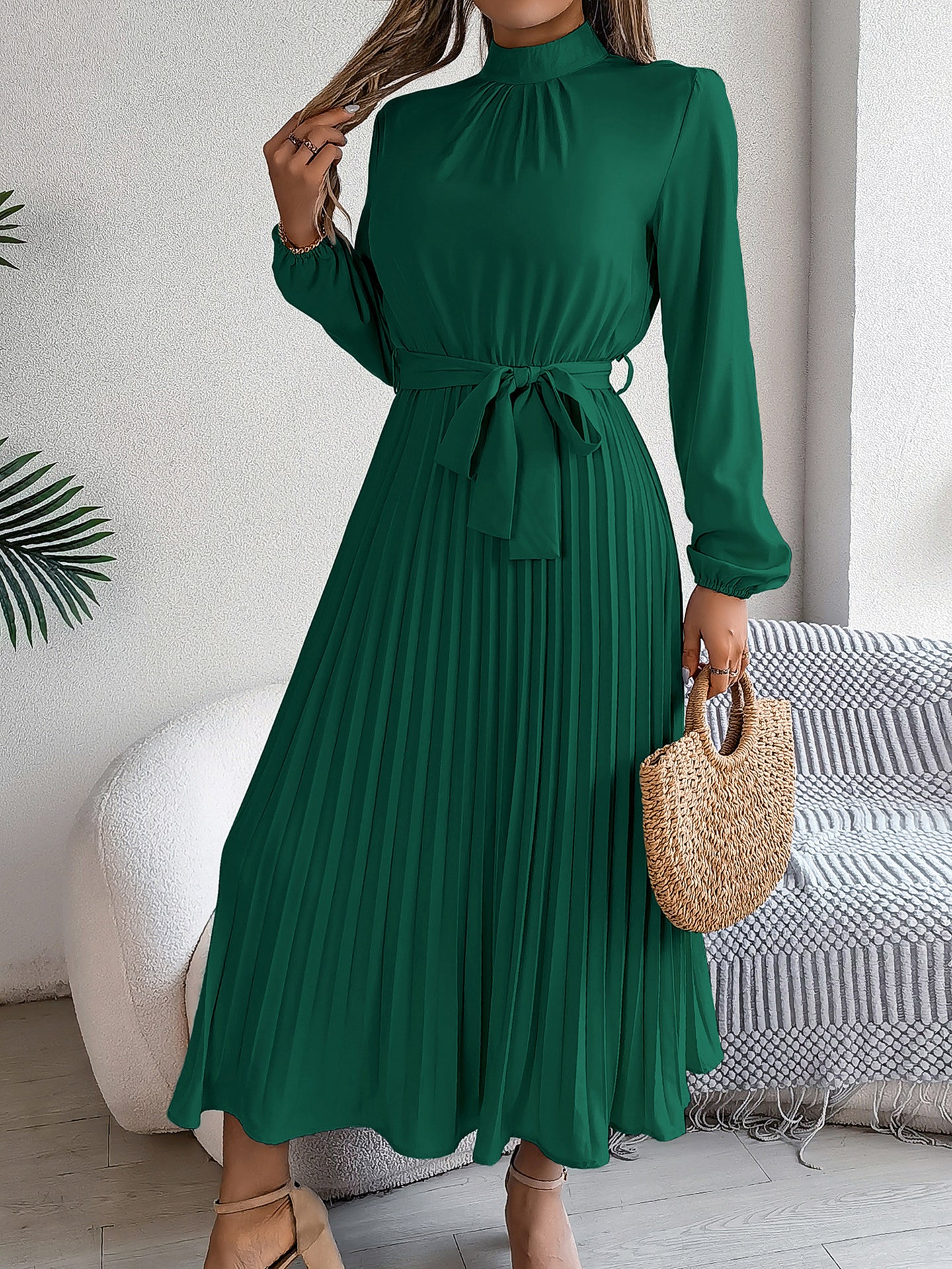 Solid A-Line Pleated Midi Dress