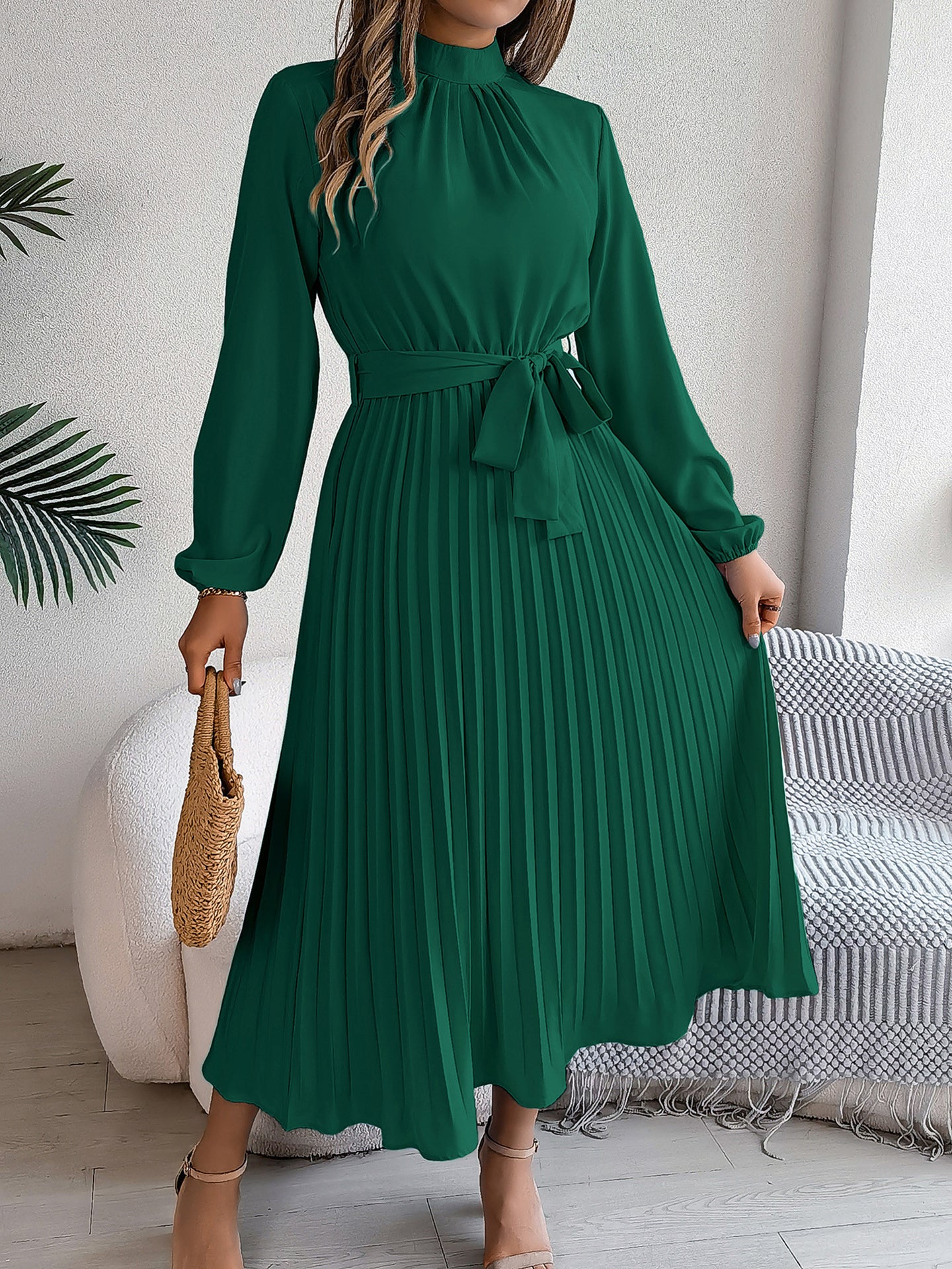 Solid A-Line Pleated Midi Dress