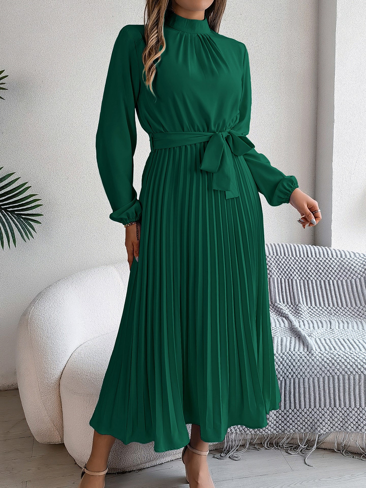 Solid A-Line Pleated Midi Dress