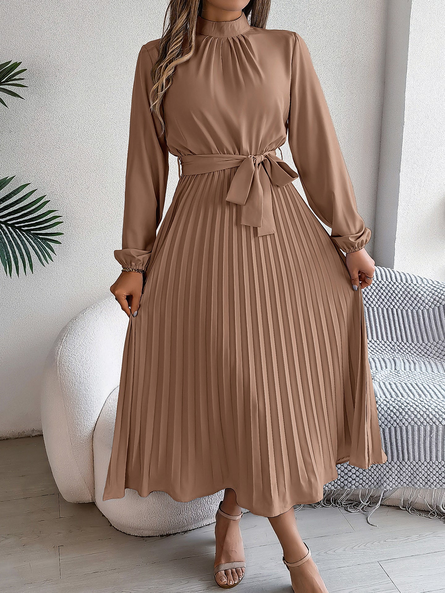 Accordion Pleats Fit & Flare Solid Midi Dress