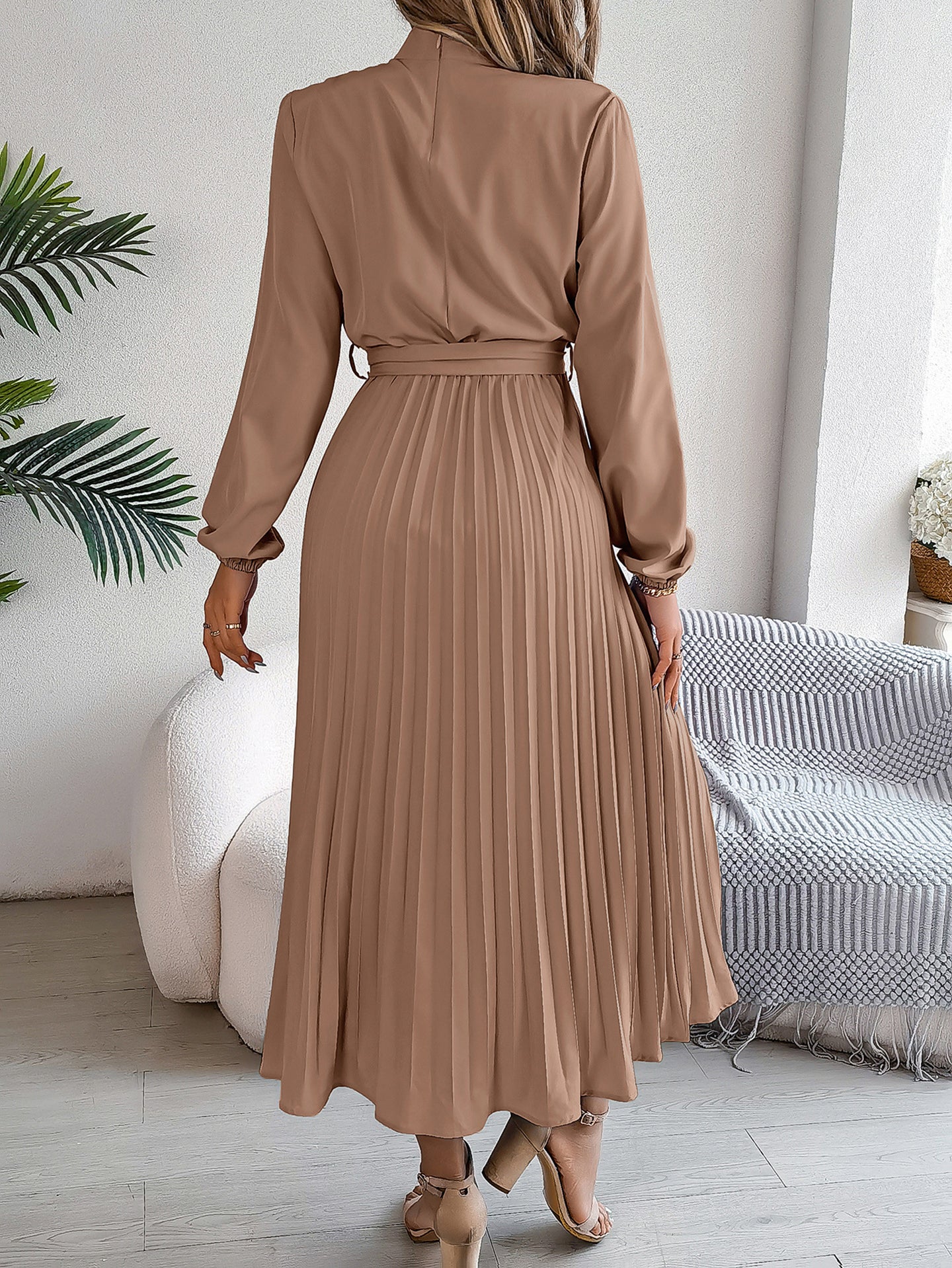 Accordion Pleats Fit & Flare Solid Midi Dress