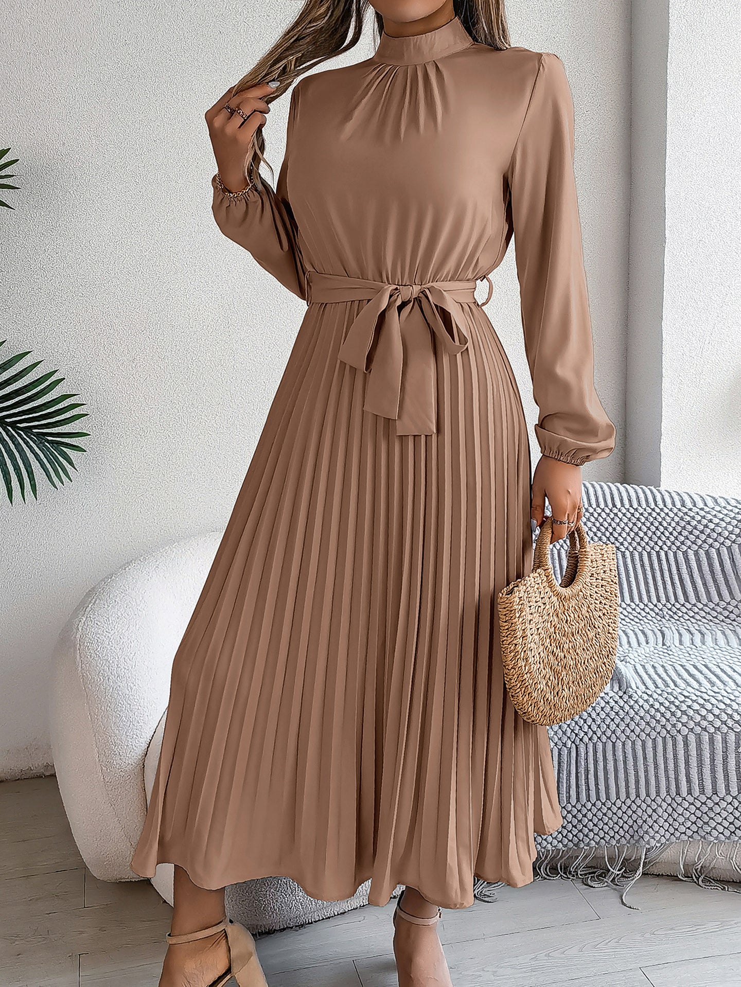 Accordion Pleats Fit & Flare Solid Midi Dress