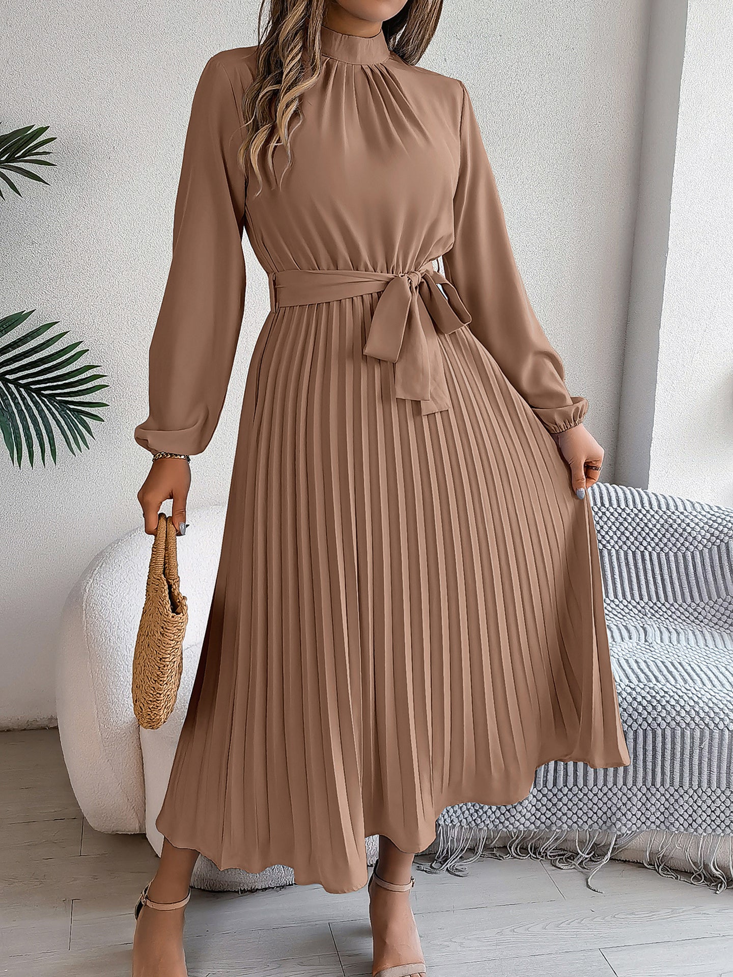 Accordion Pleats Fit & Flare Solid Midi Dress