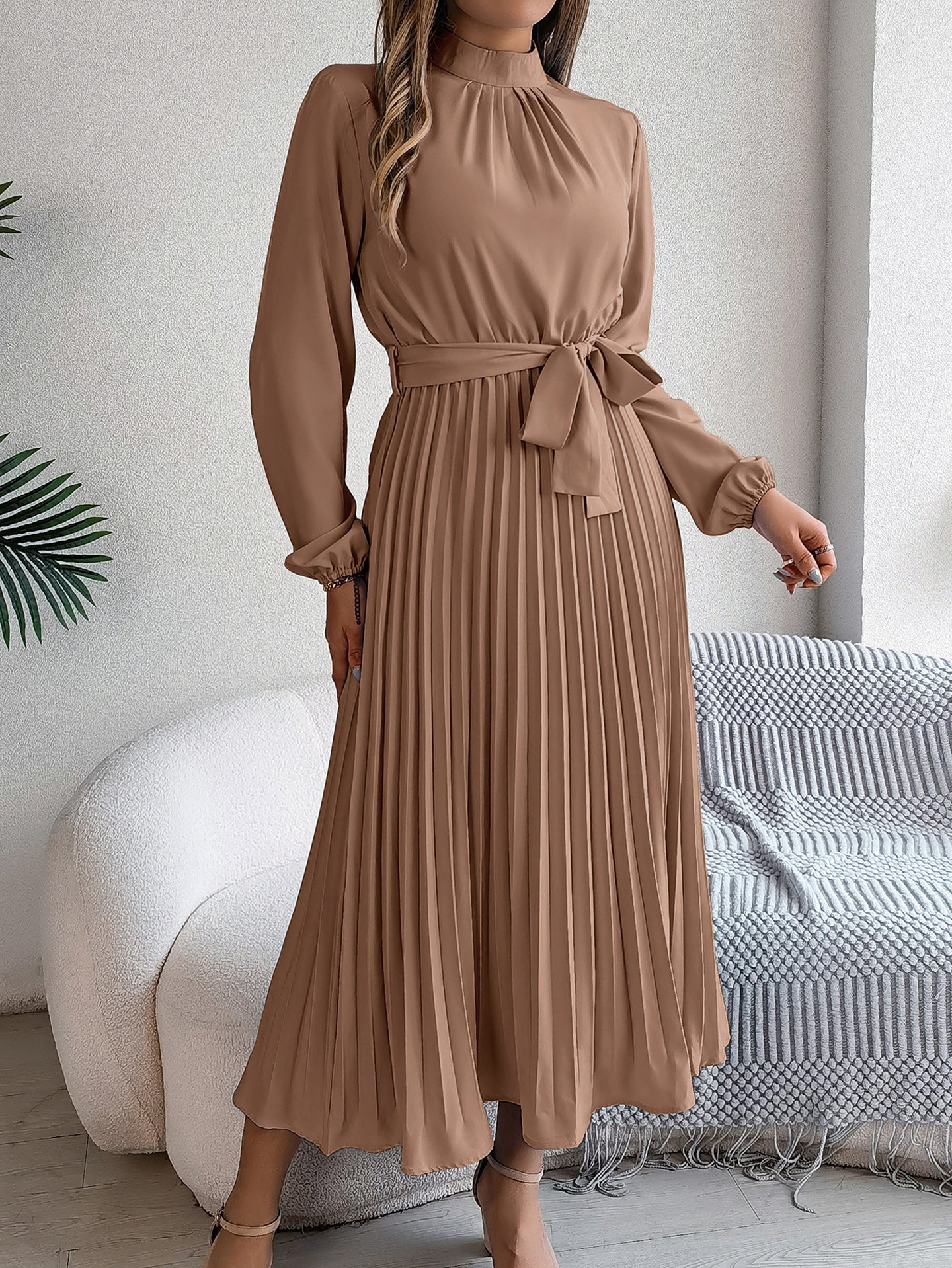 Accordion Pleats Fit & Flare Solid Midi Dress