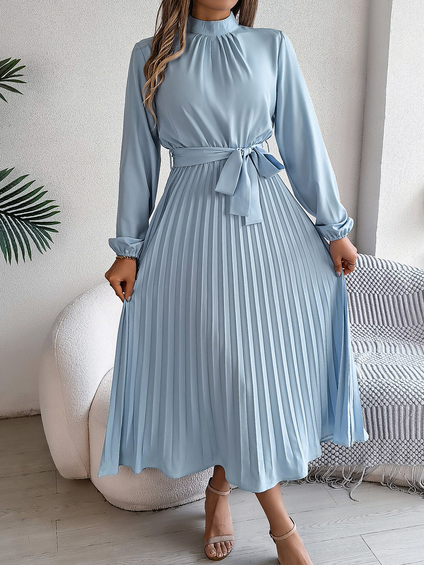 Accordion Pleats Fit & Flare Solid Midi Dress