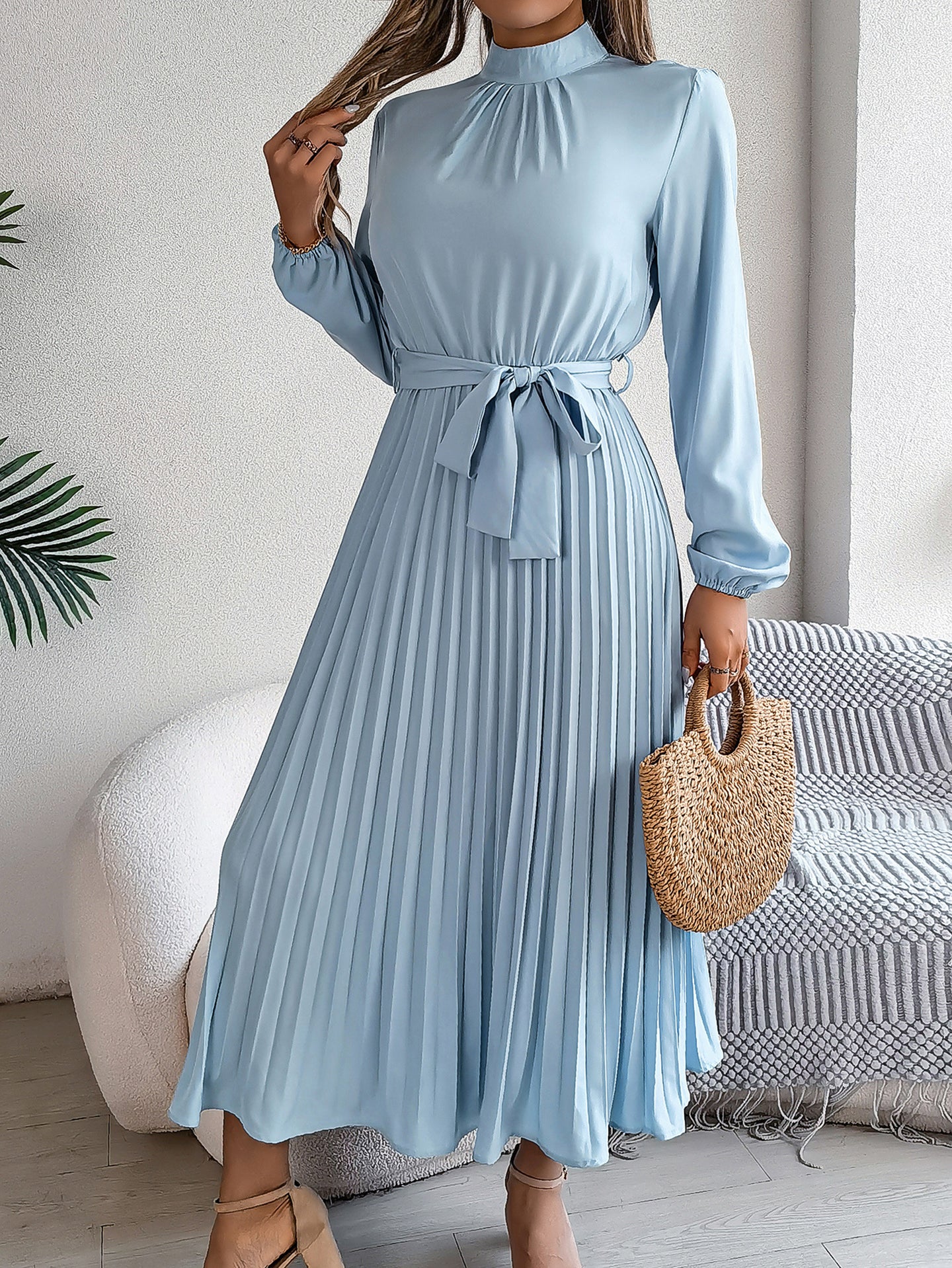 Accordion Pleats Fit & Flare Solid Midi Dress