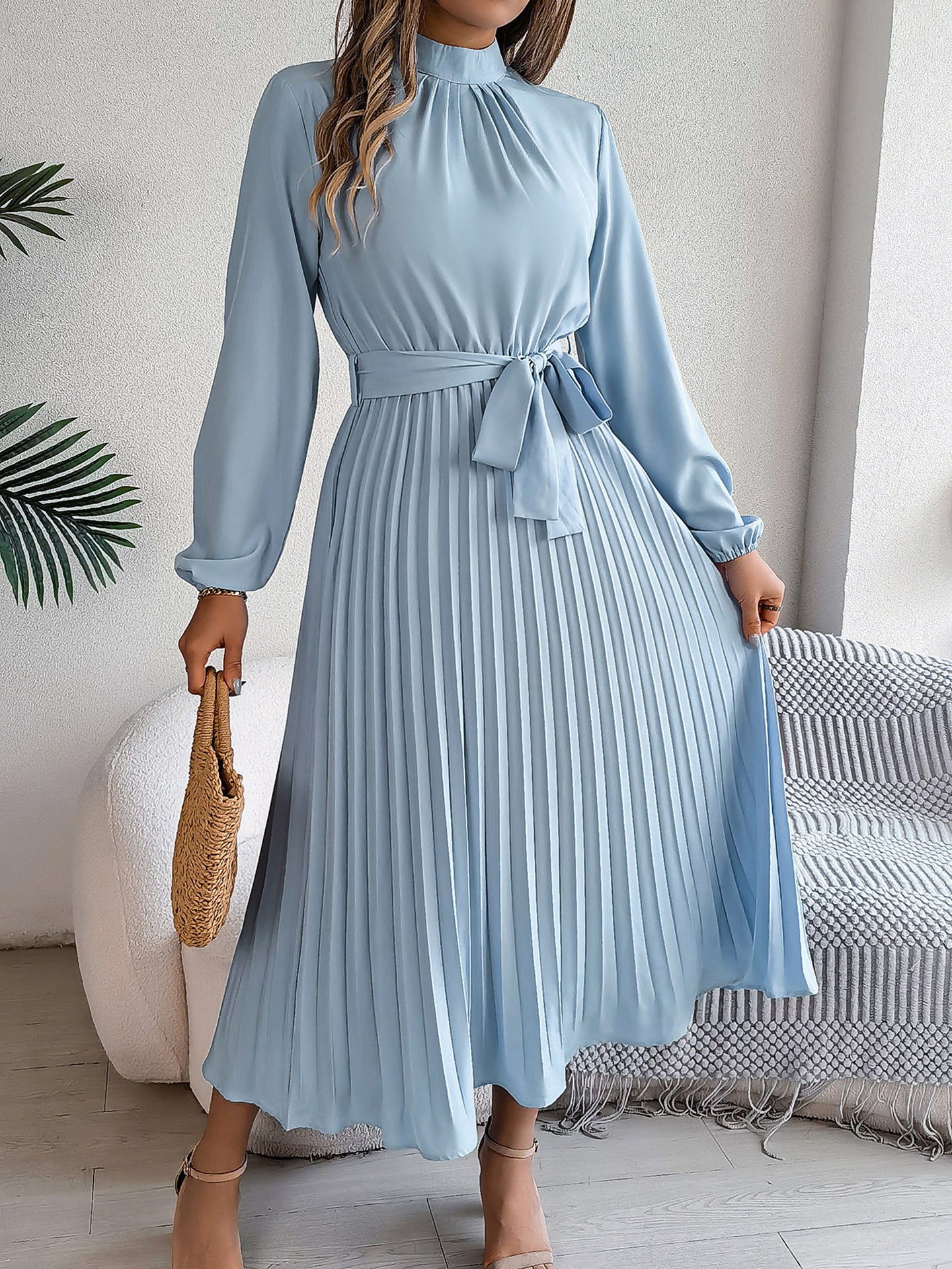 Accordion Pleats Fit & Flare Solid Midi Dress