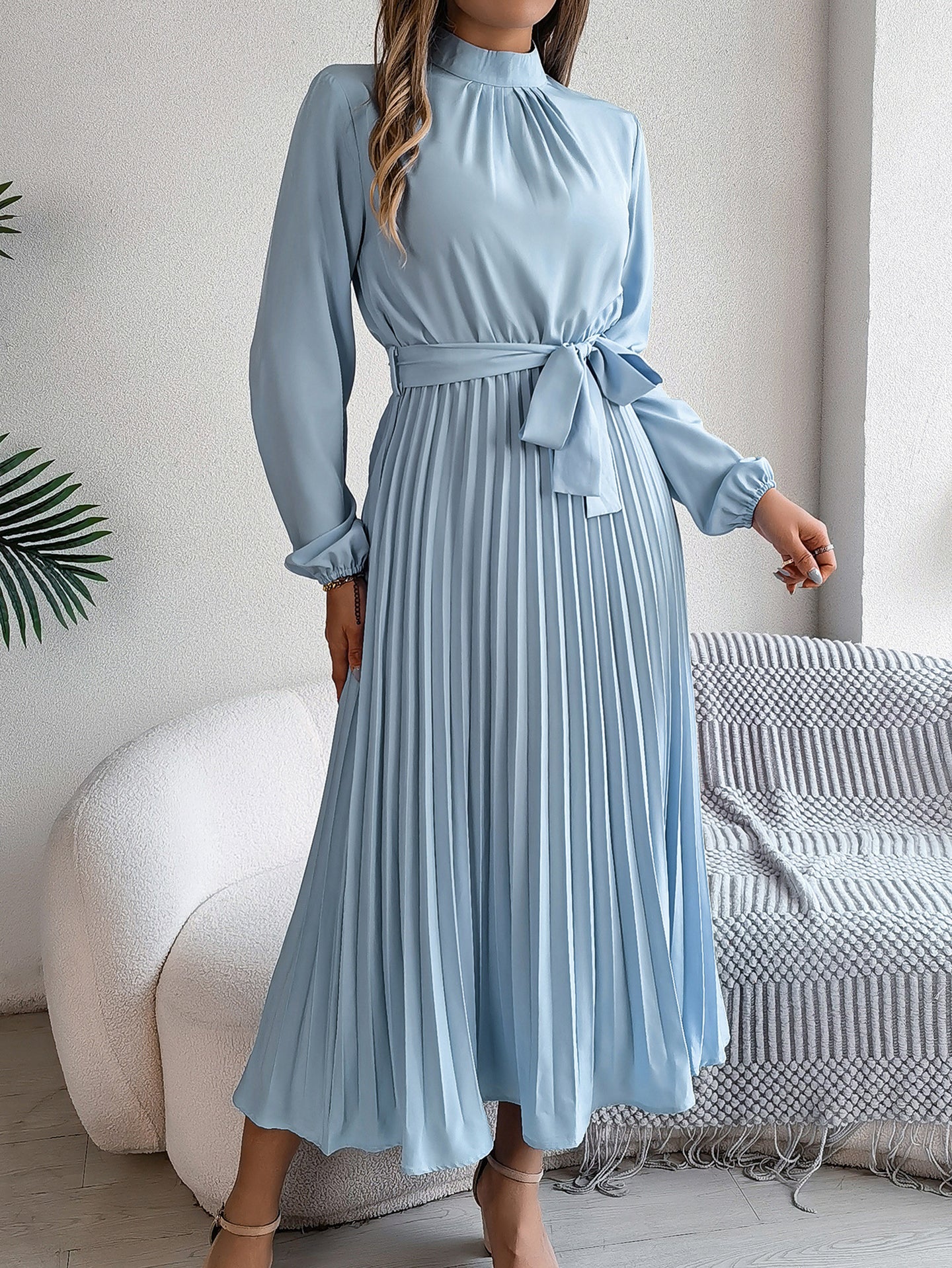 Accordion Pleats Fit & Flare Solid Midi Dress