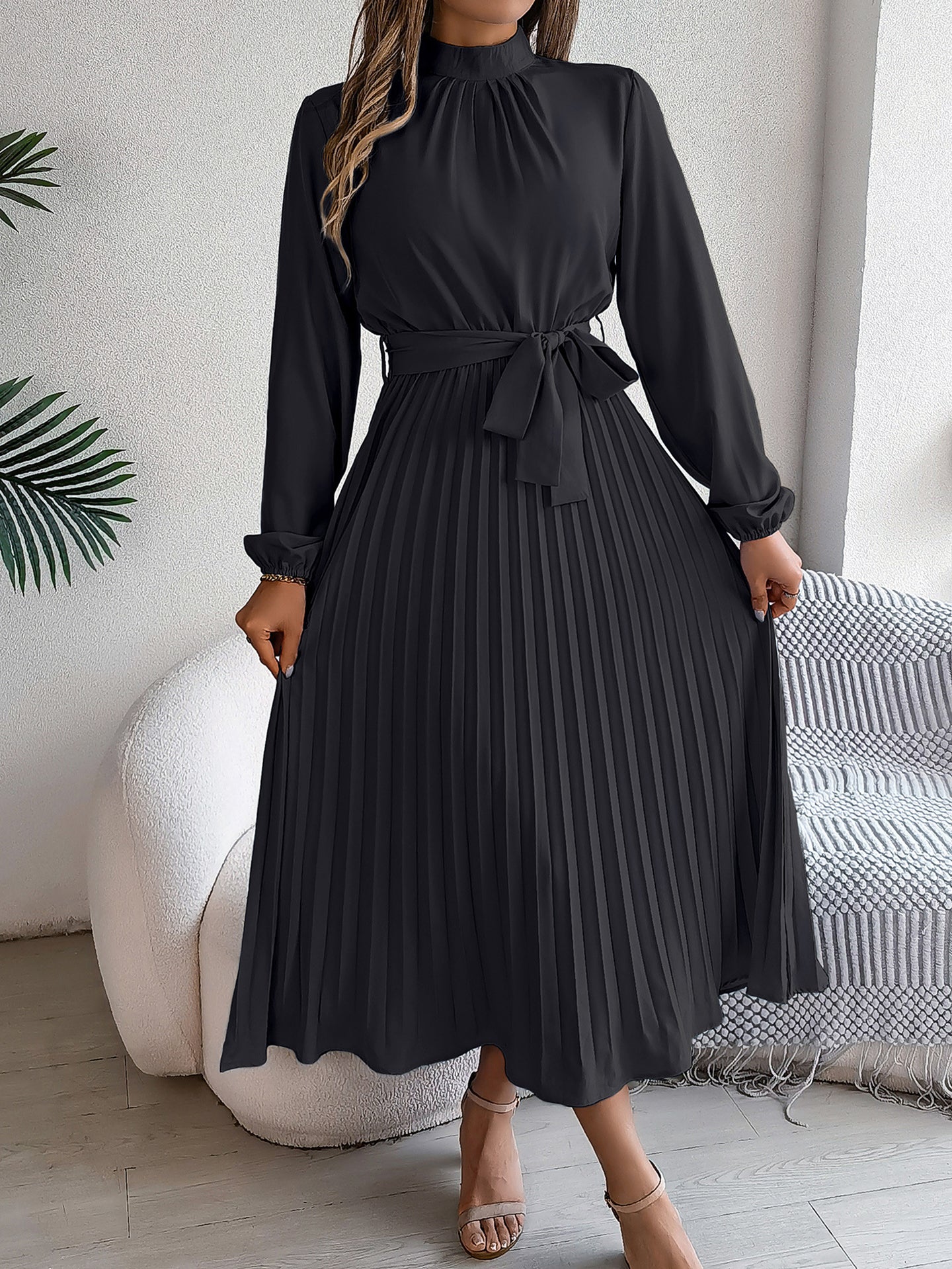 Accordion Pleats Fit & Flare Solid Midi Dress