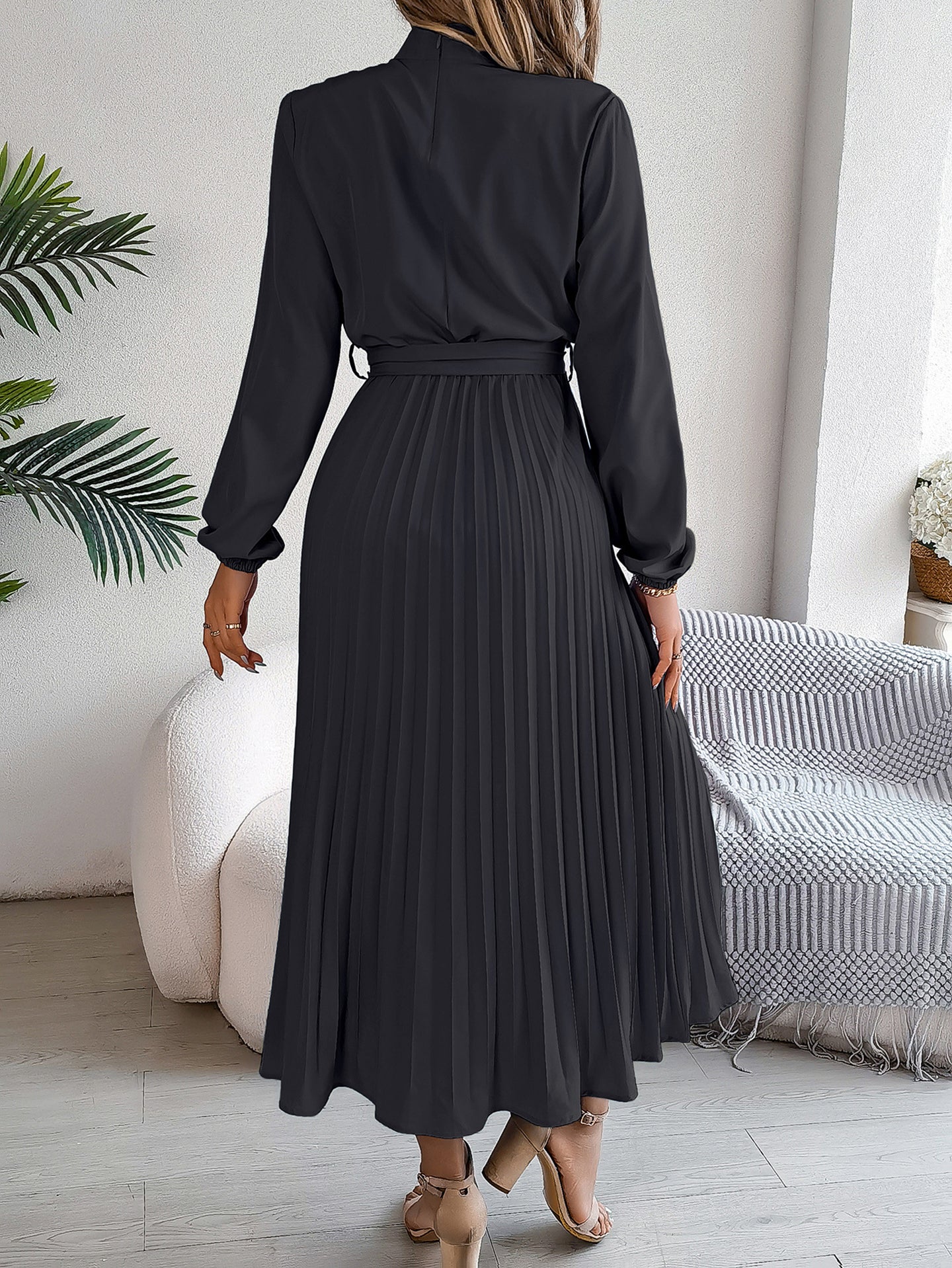 Accordion Pleats Fit & Flare Solid Midi Dress