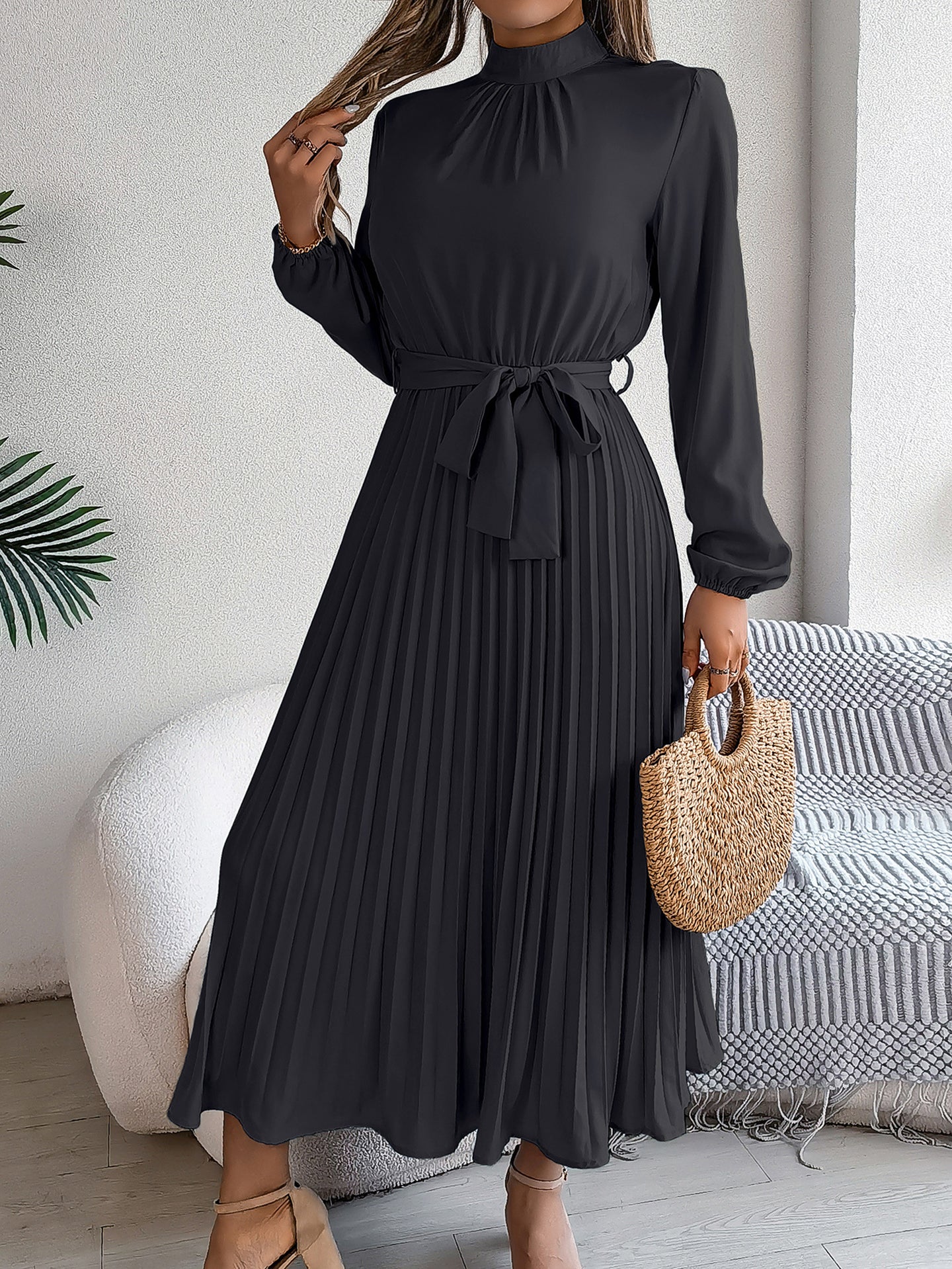 Accordion Pleats Fit & Flare Solid Midi Dress