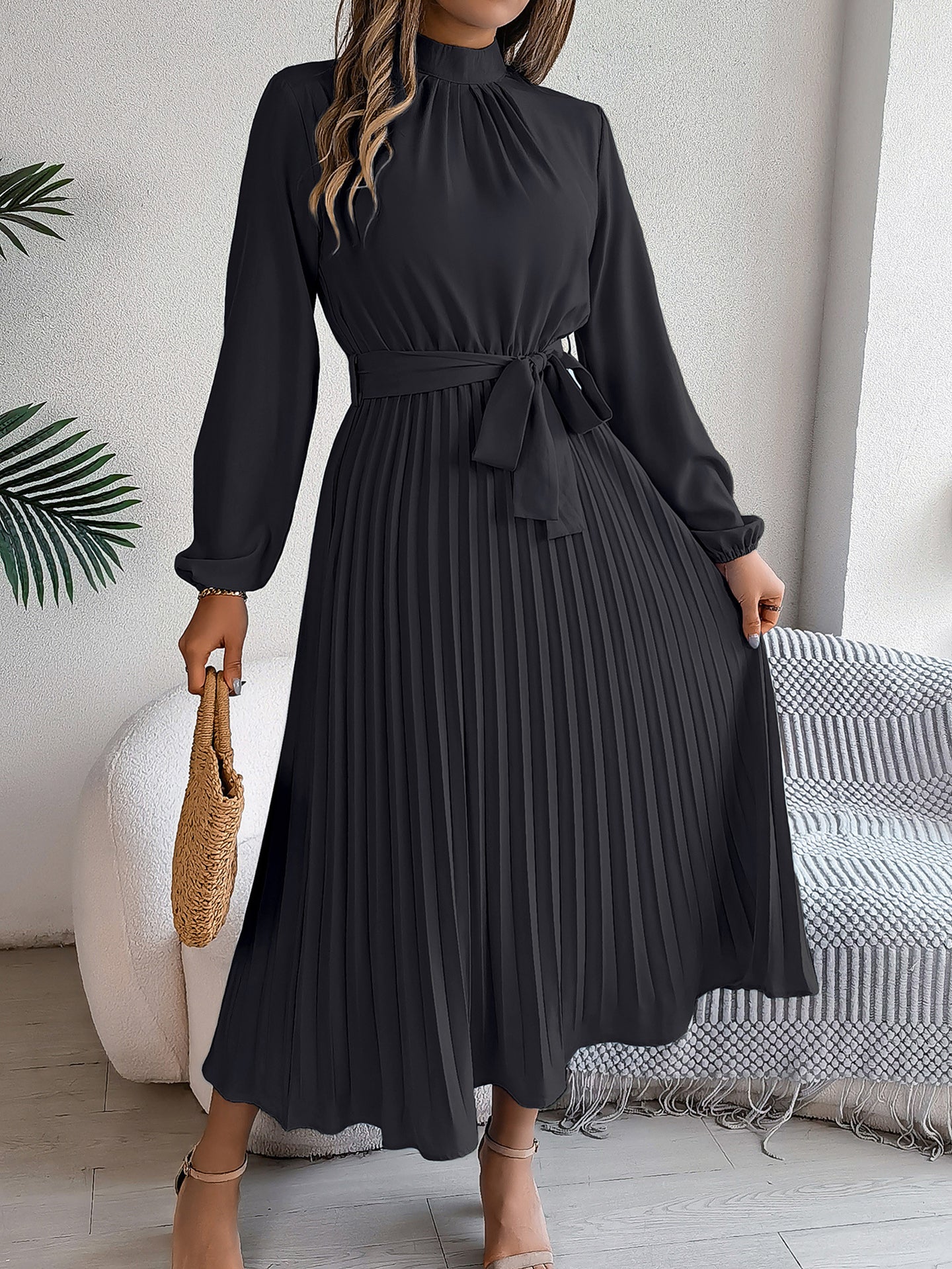 Accordion Pleats Fit & Flare Solid Midi Dress