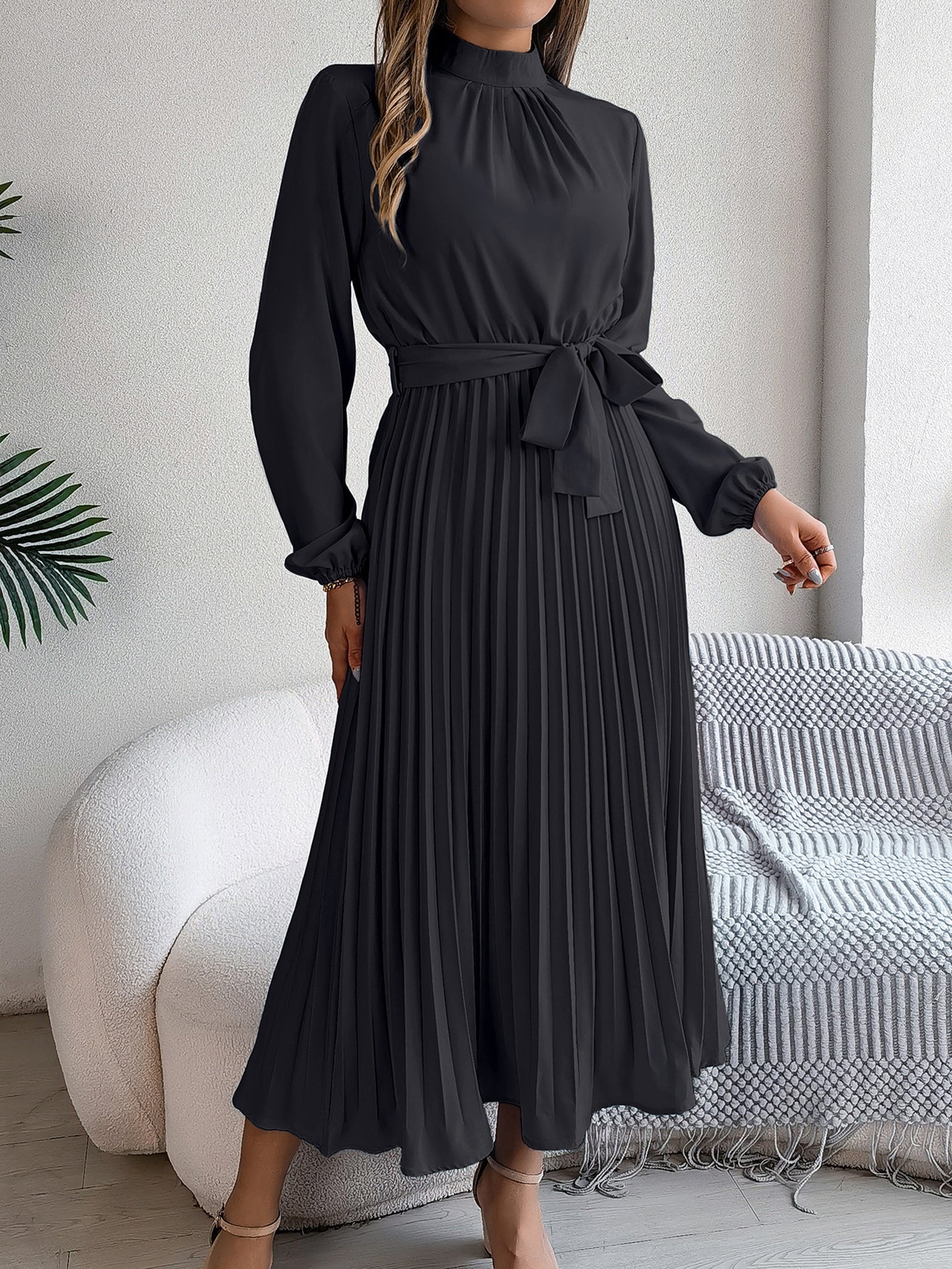 Accordion Pleats Fit & Flare Solid Midi Dress
