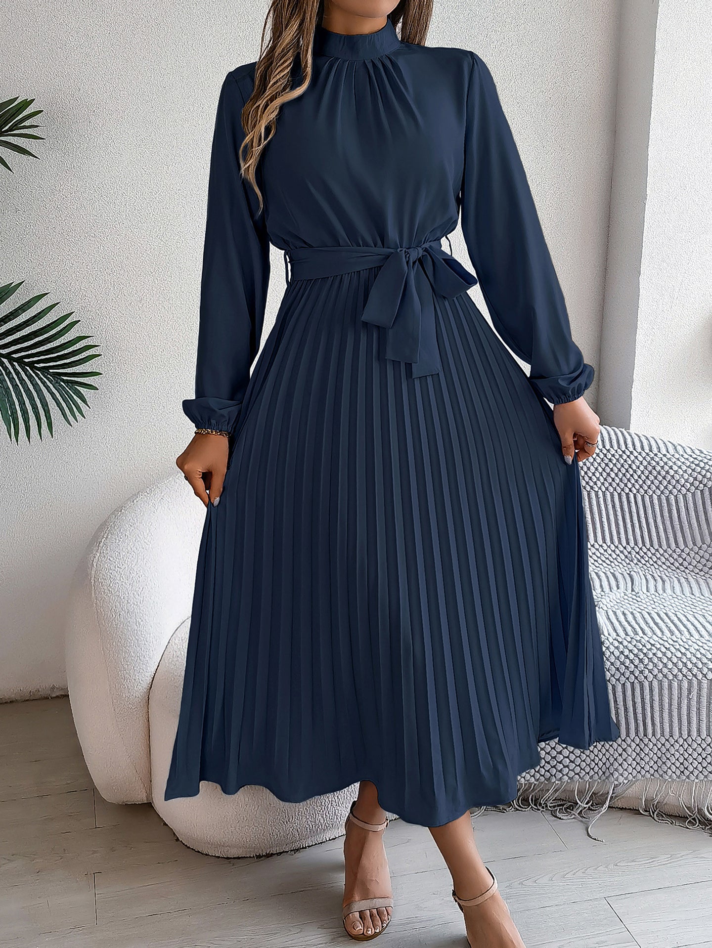 Solid A-Line Pleated Midi Dress