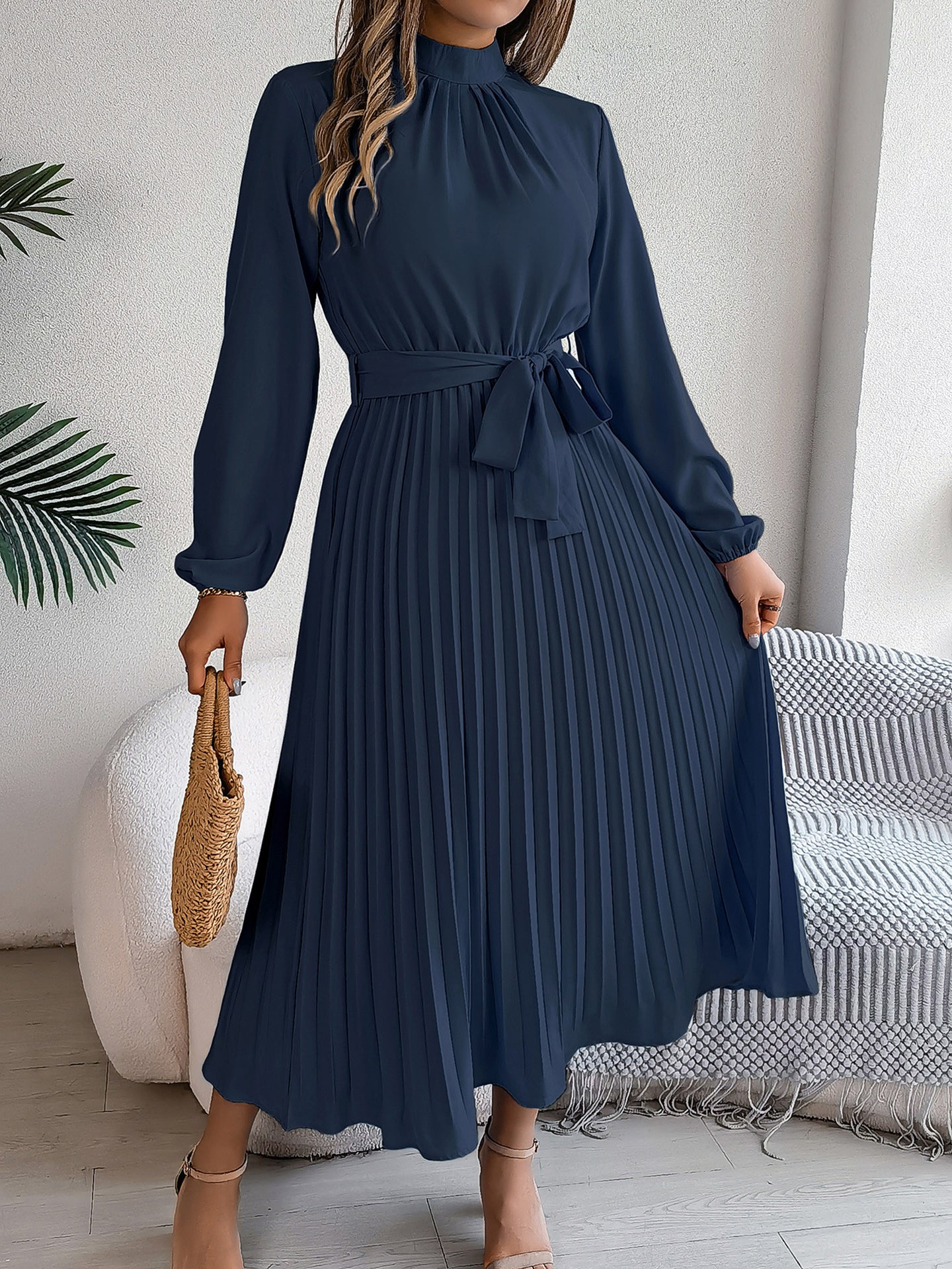 Solid A-Line Pleated Midi Dress