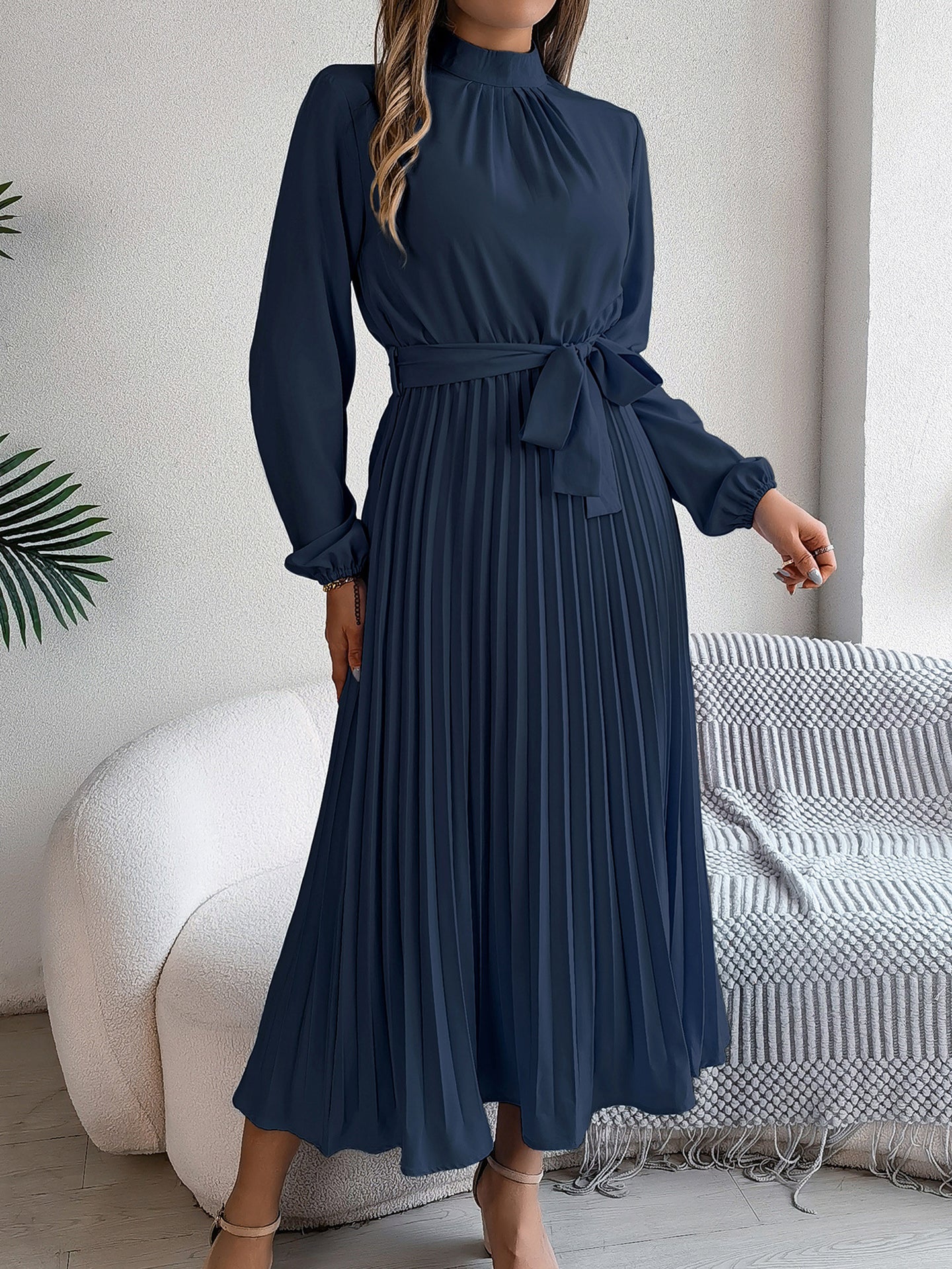 Solid A-Line Pleated Midi Dress