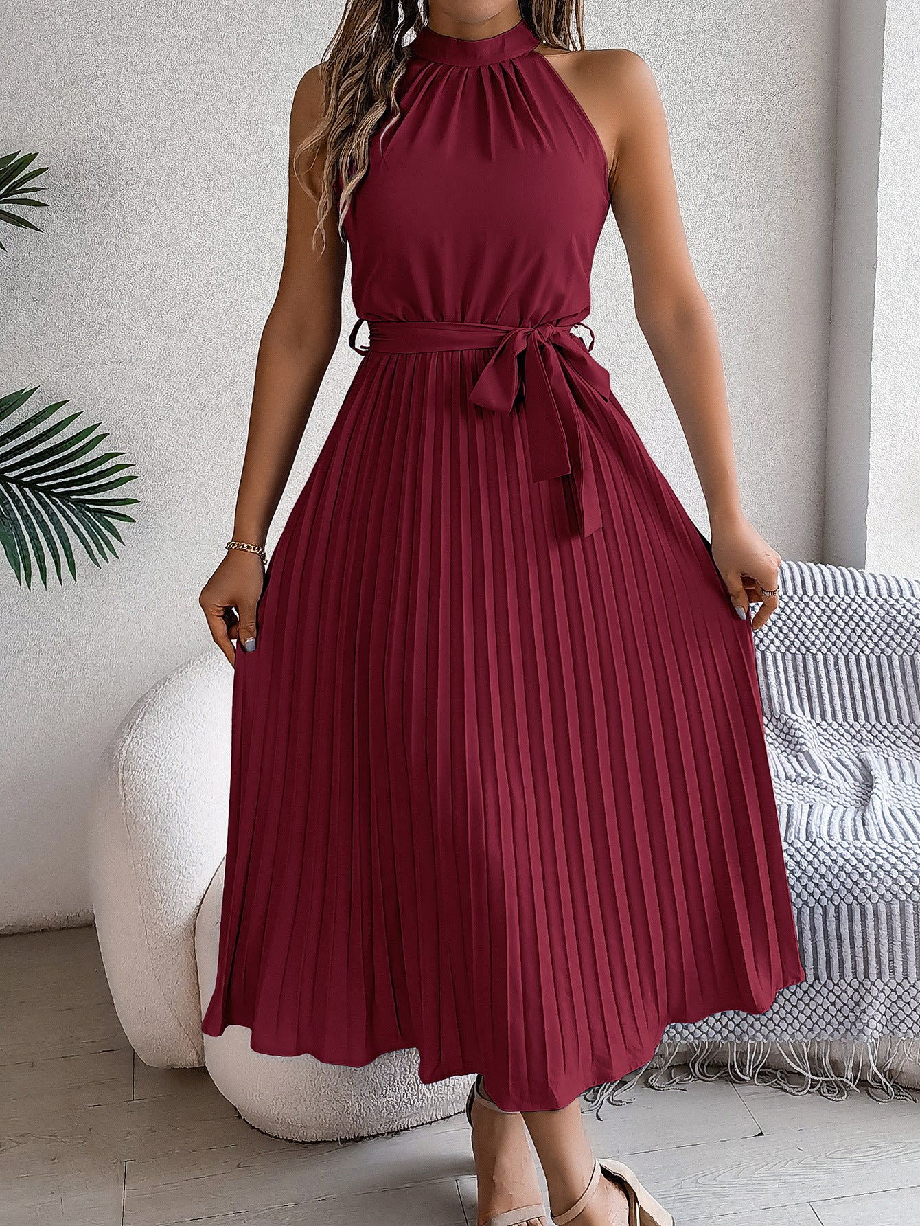 Accordion Pleats Fit and Flare Maxi Dress