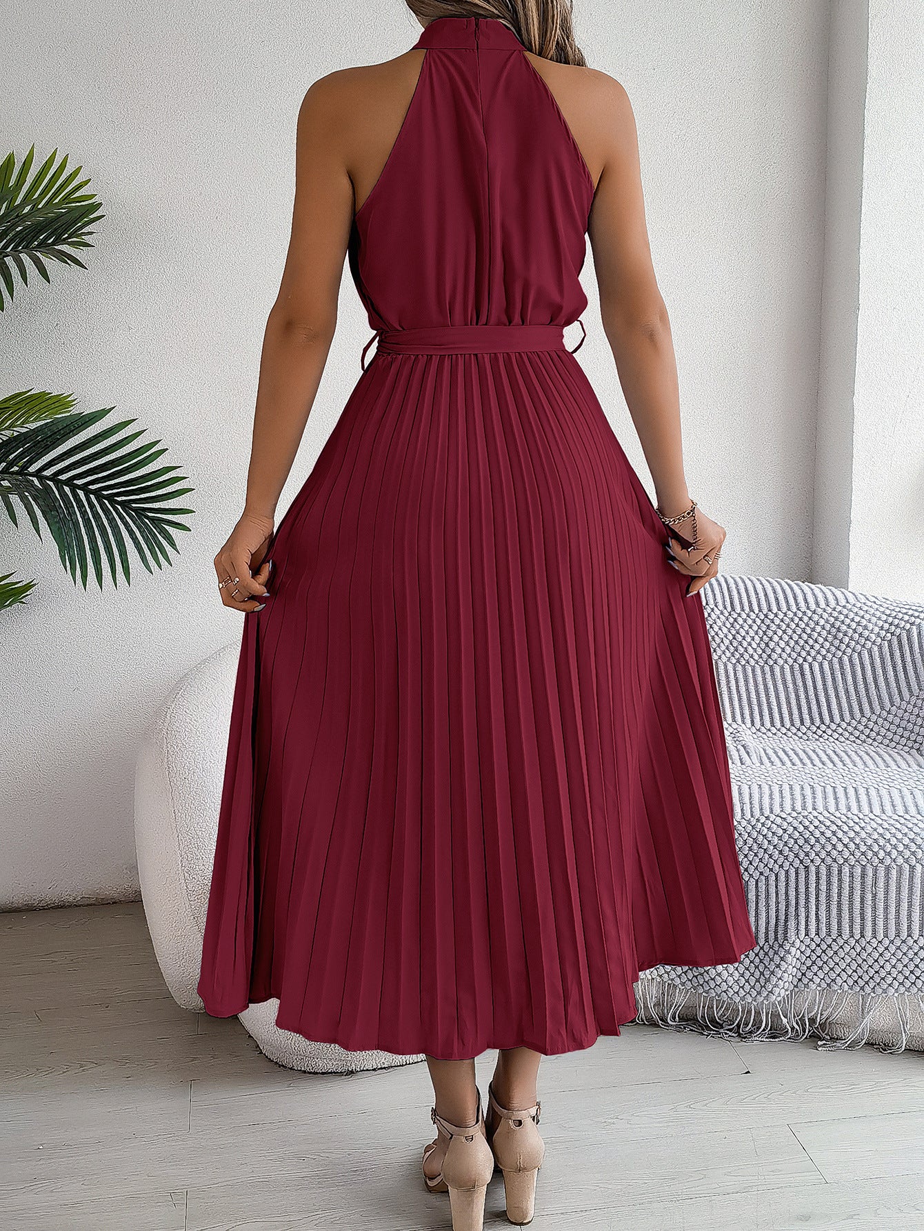 Accordion Pleats Fit and Flare Maxi Dress