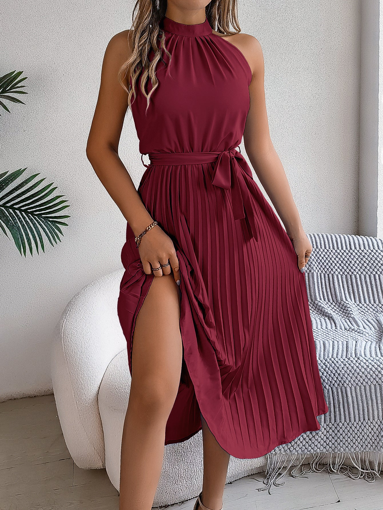 Accordion Pleats Fit and Flare Maxi Dress