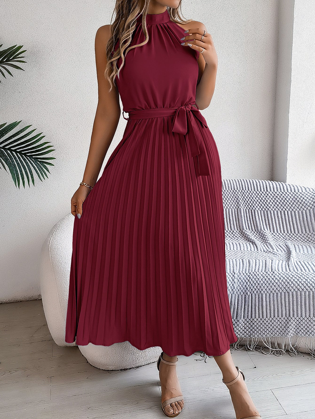 Accordion Pleats Fit and Flare Maxi Dress