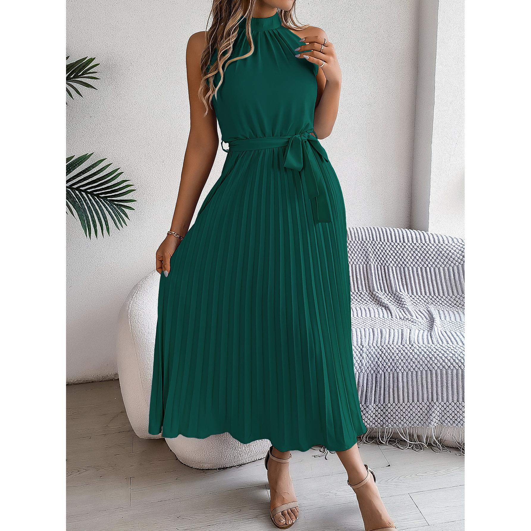 Solid Halter Neck Accordion Pleated Fit and Flare Dress