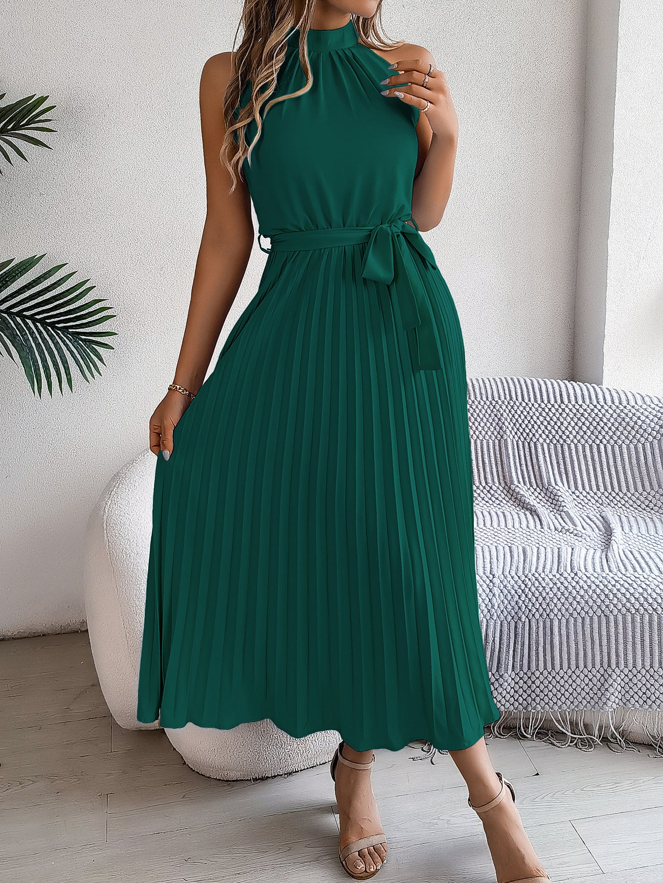 Solid Halter Neck Accordion Pleated Fit and Flare Dress